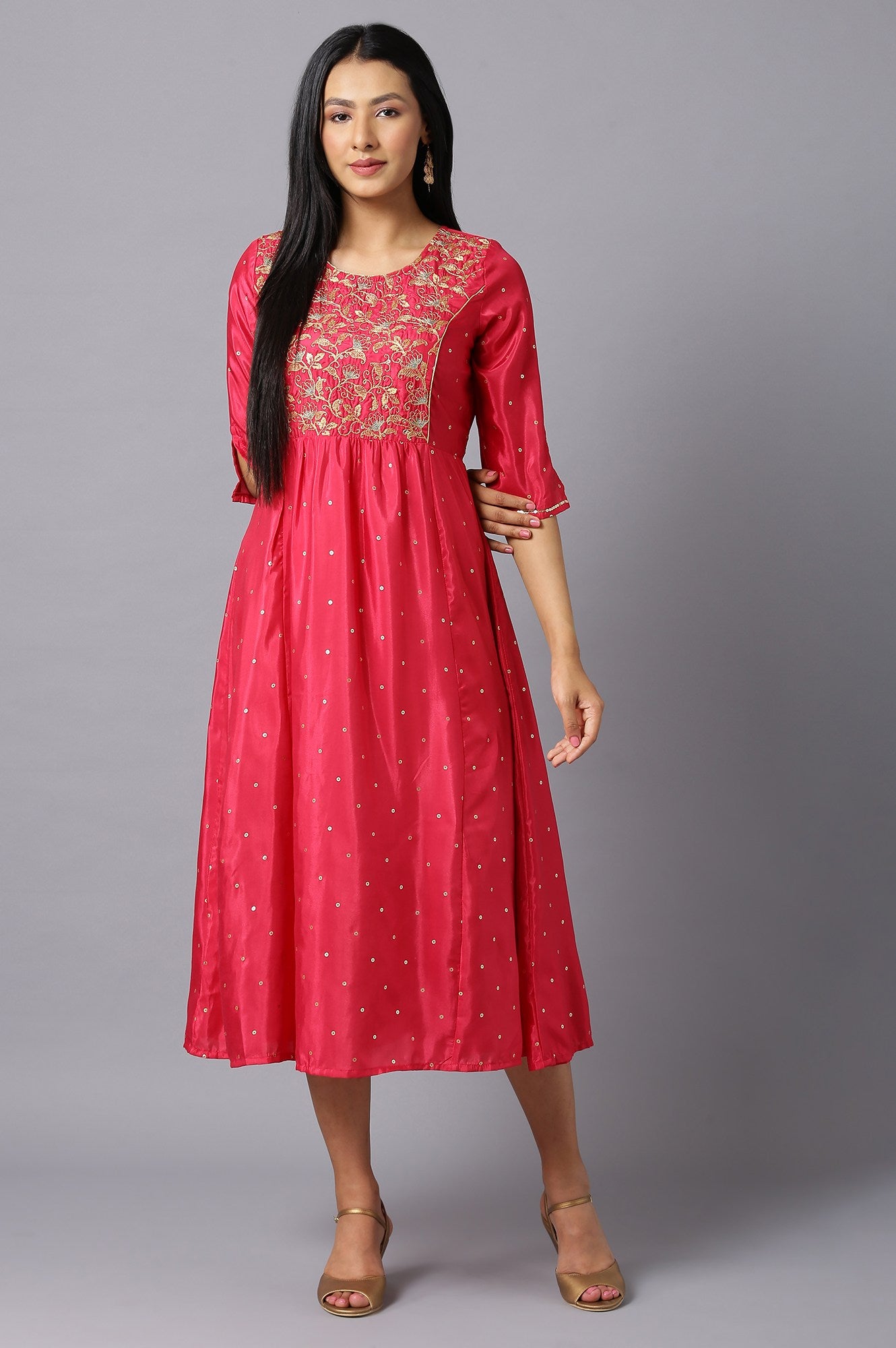 Pink Flared Embroidered kurta