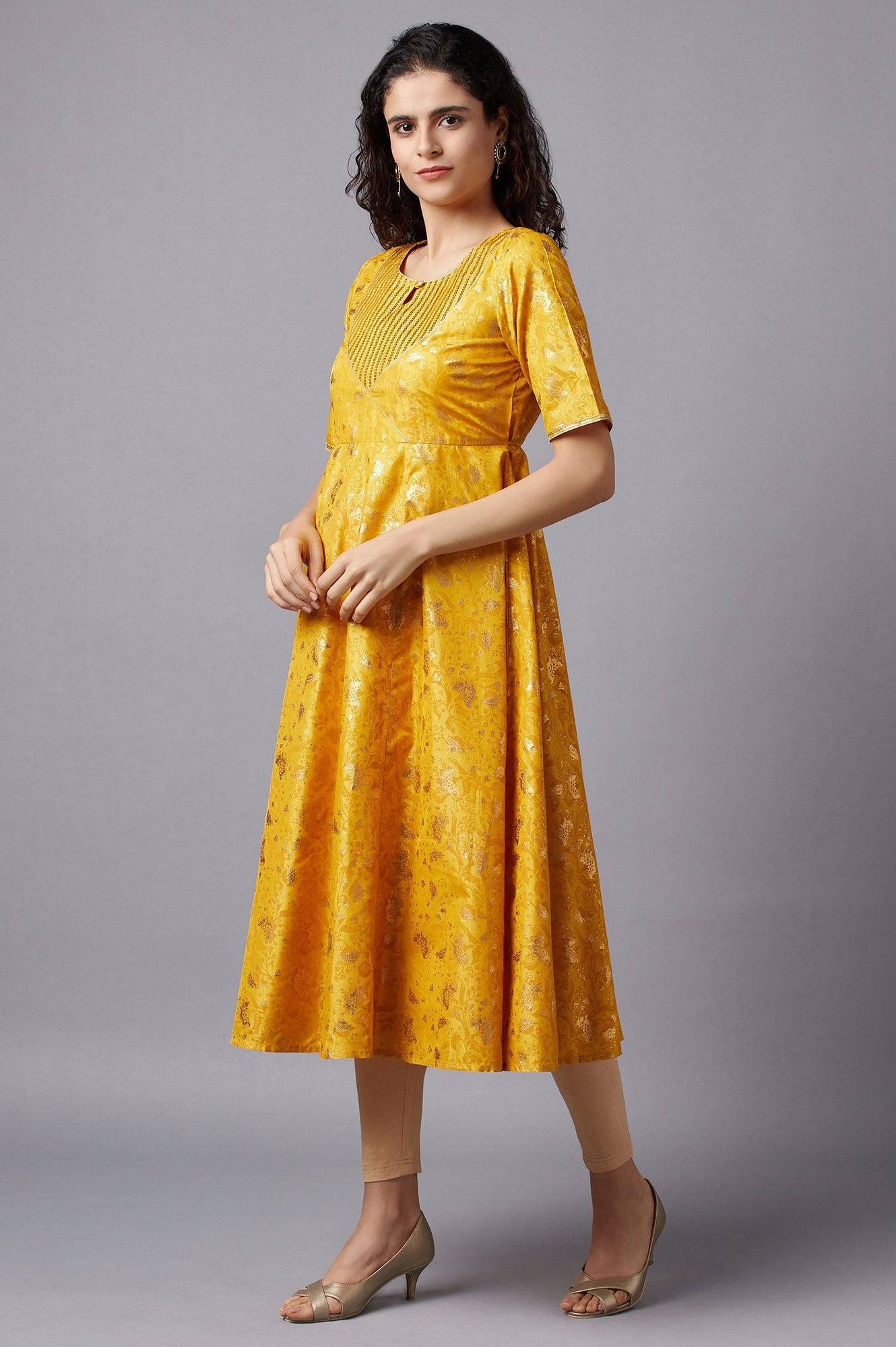 Yellow Flared Embroidered kurta