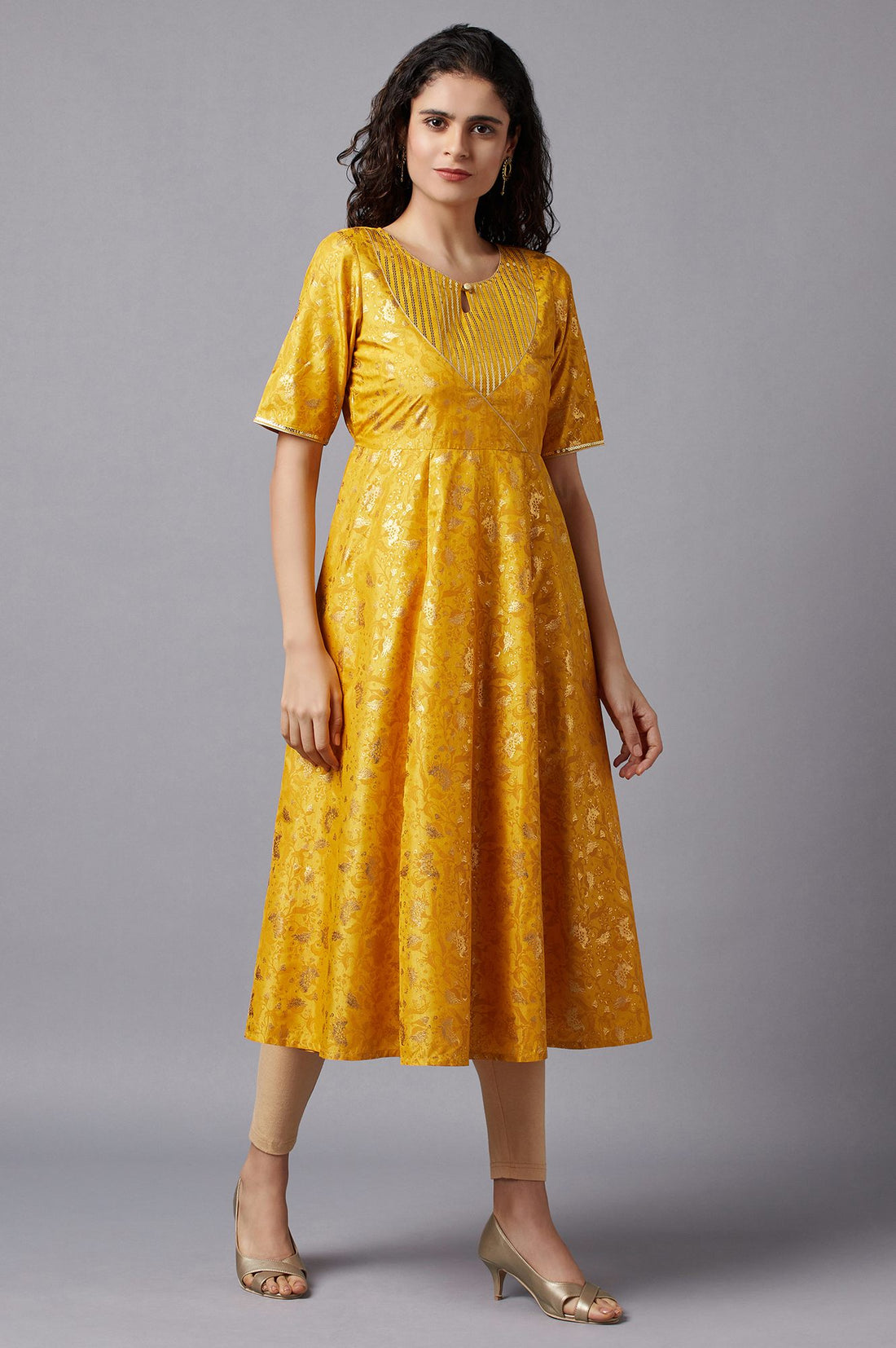 Yellow Flared Embroidered kurta