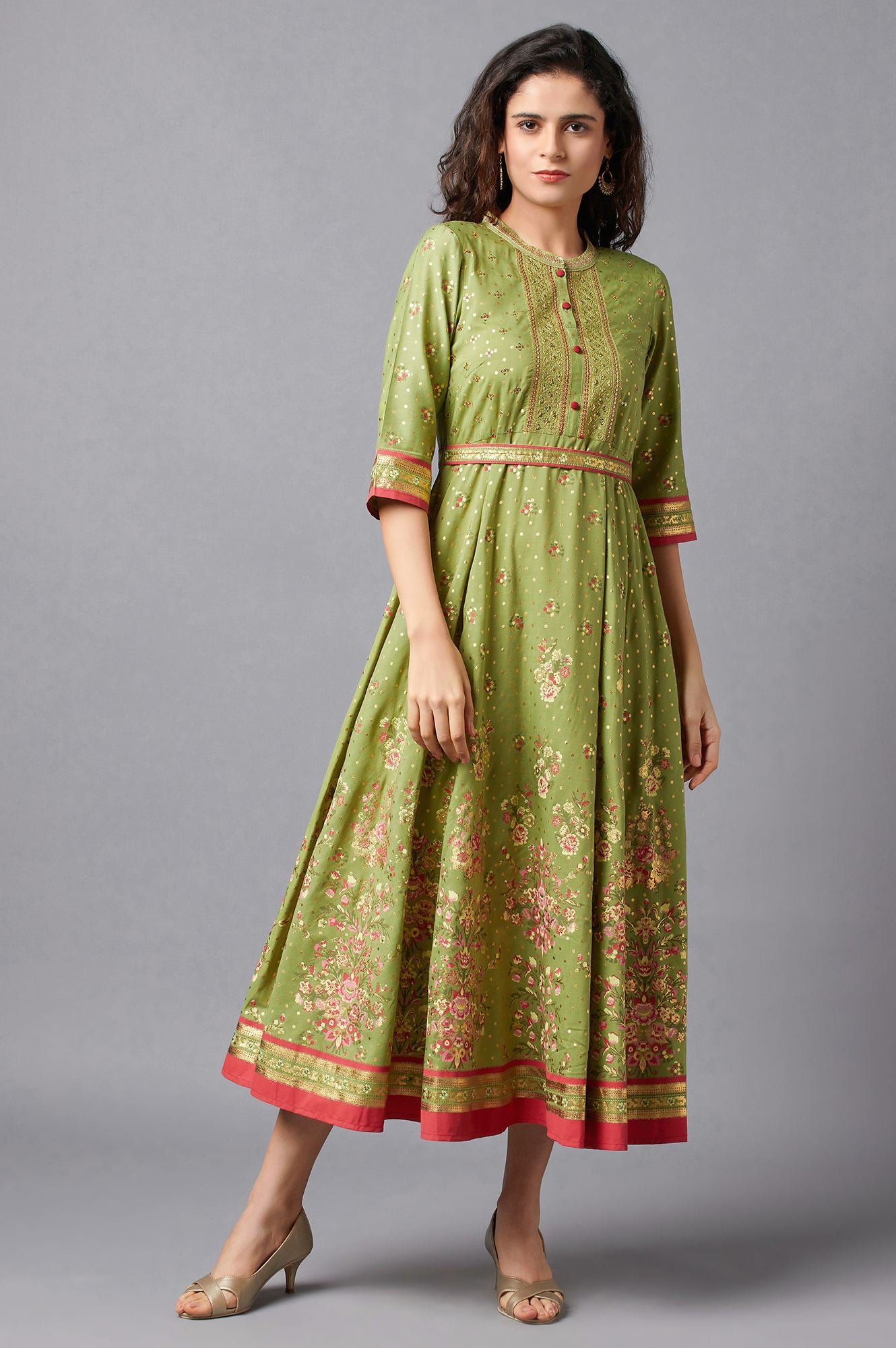 Green Flared Embroidered kurta