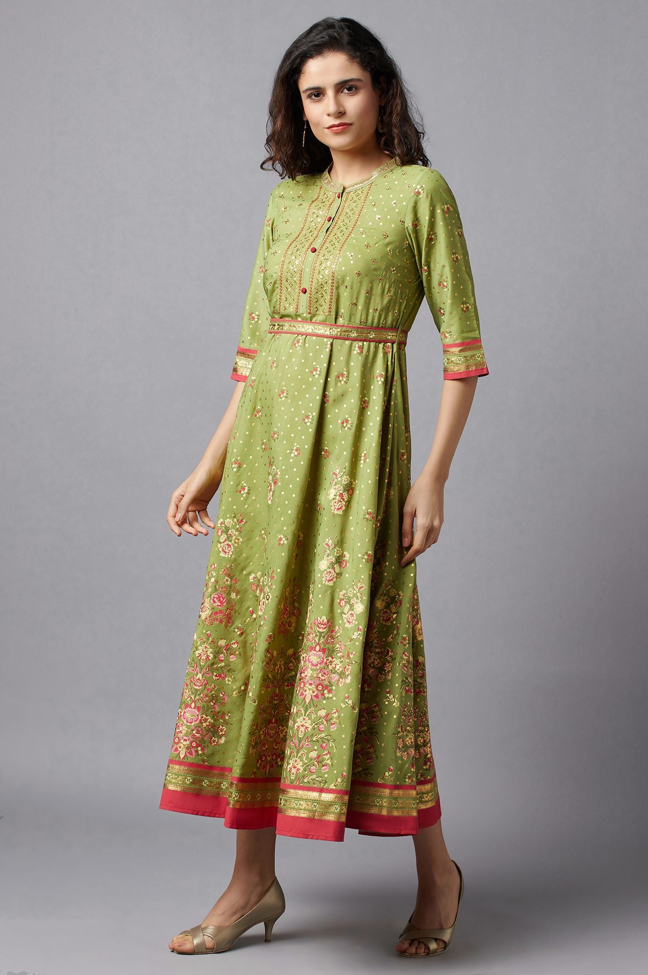 Green Flared Embroidered kurta