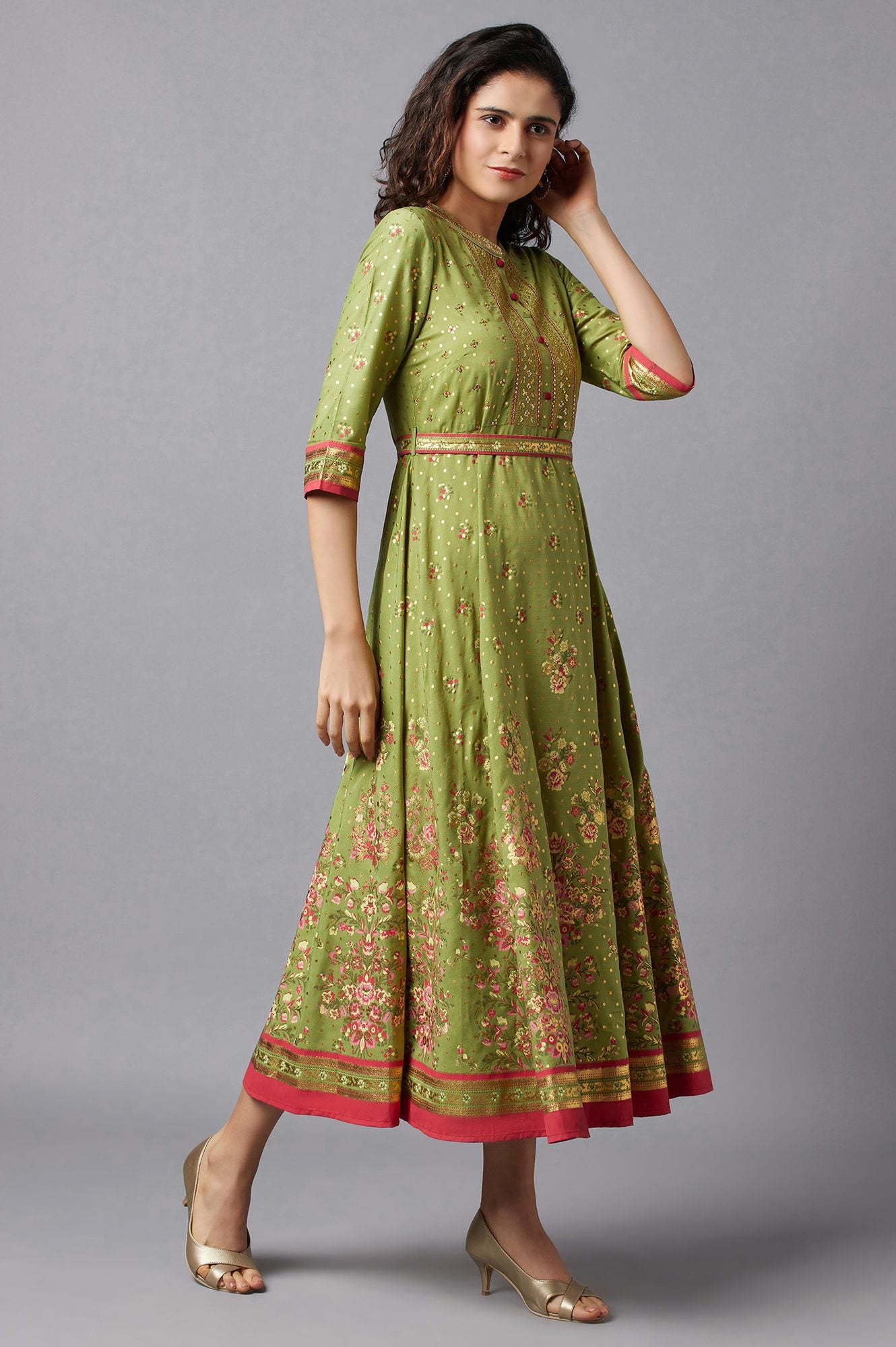 Green Flared Embroidered kurta