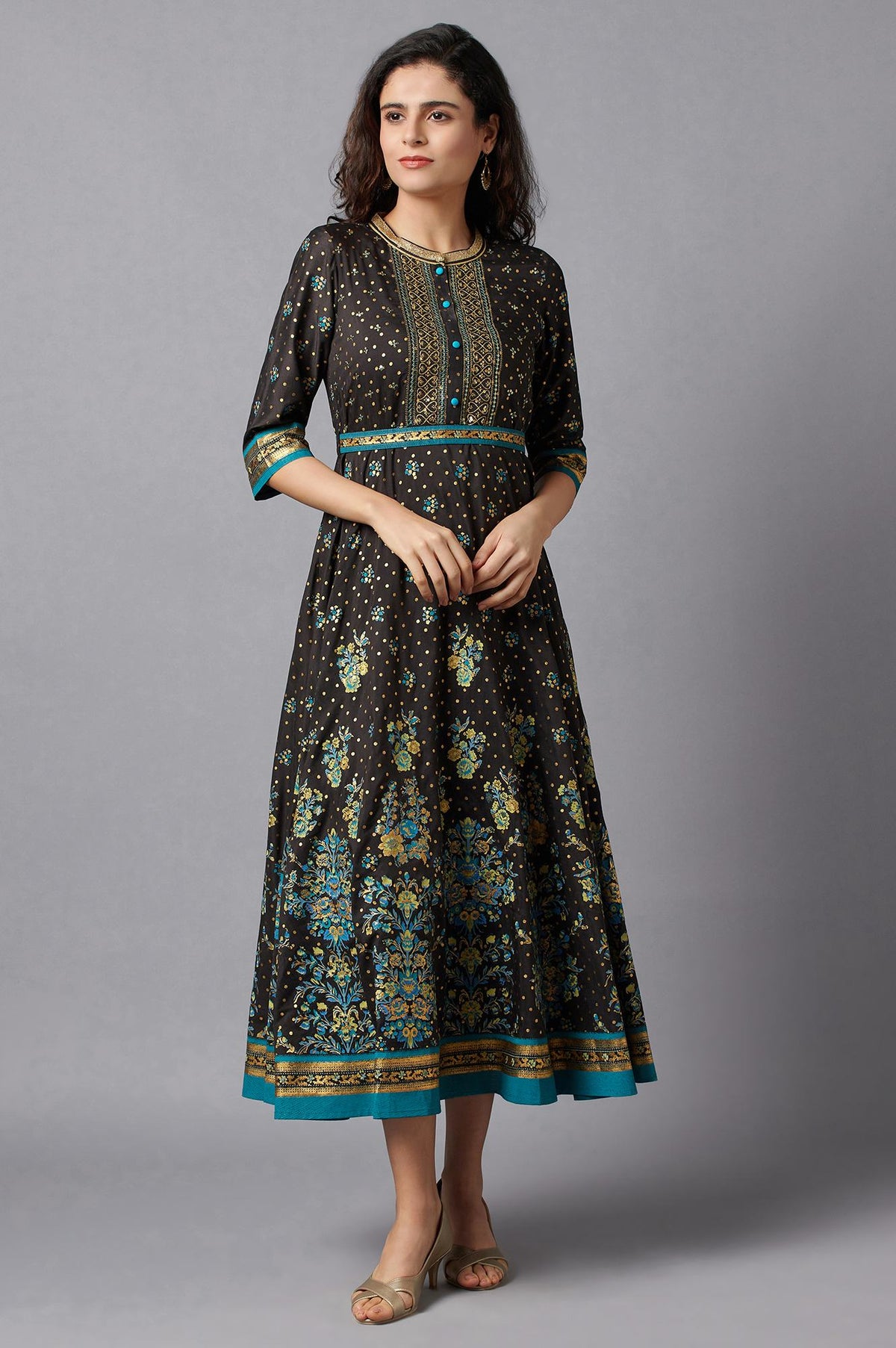 Black Flared Embroidered kurta - XS