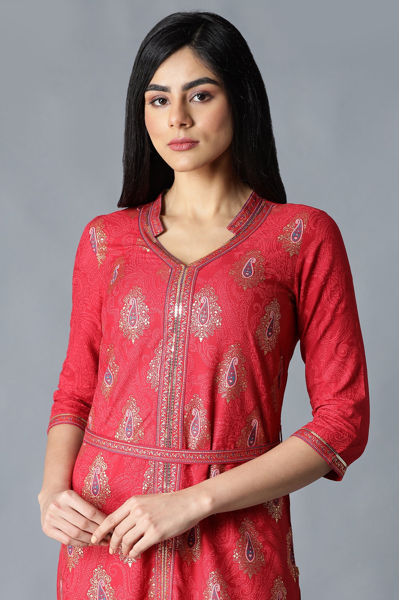 Peach Foil Printed Sequins Straight Kurta and Culotte Set