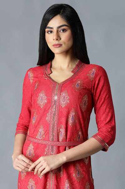Peach Foil Printed Sequins Straight Kurta and Culotte Set