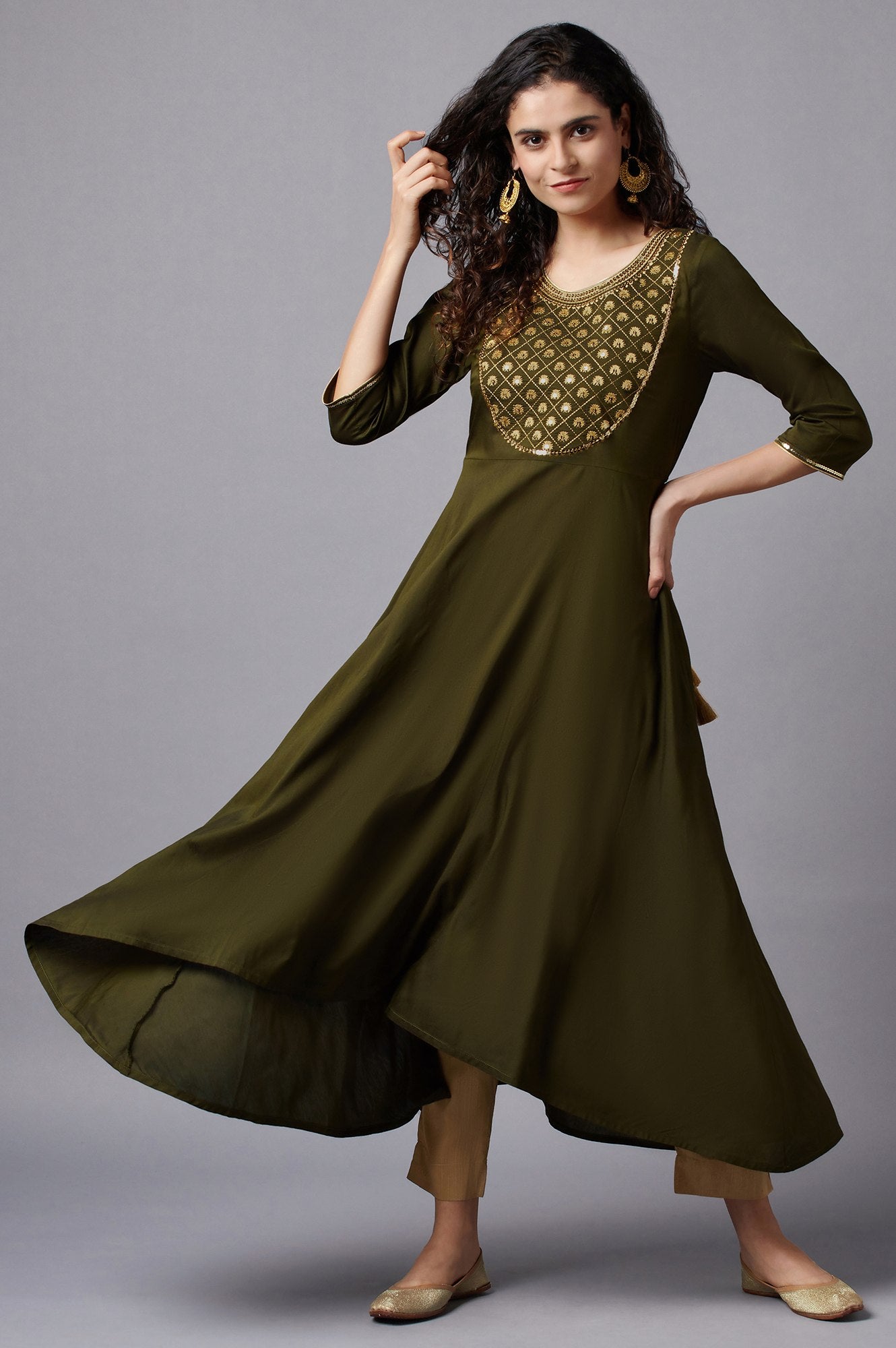 Green Flared Embroidered kurta