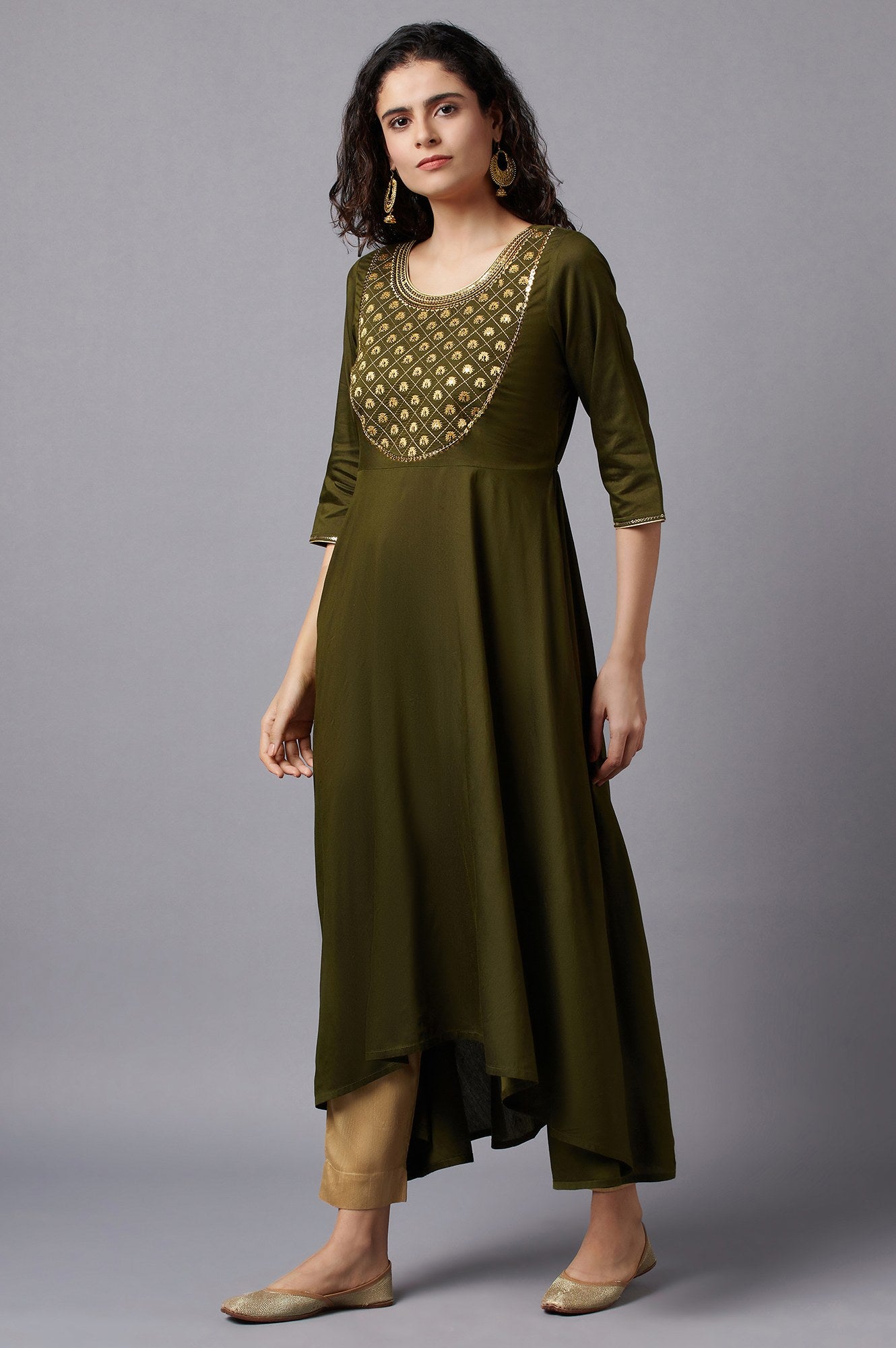 Green Flared Embroidered kurta