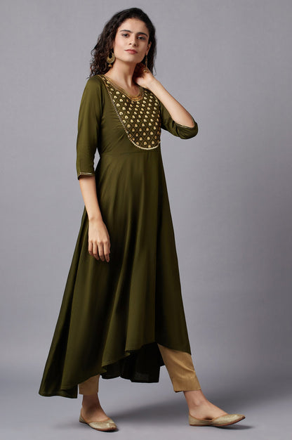 Green Flared Embroidered kurta