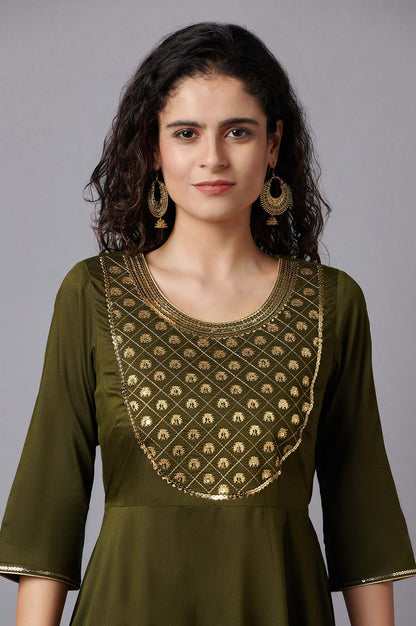 Green Flared Embroidered kurta