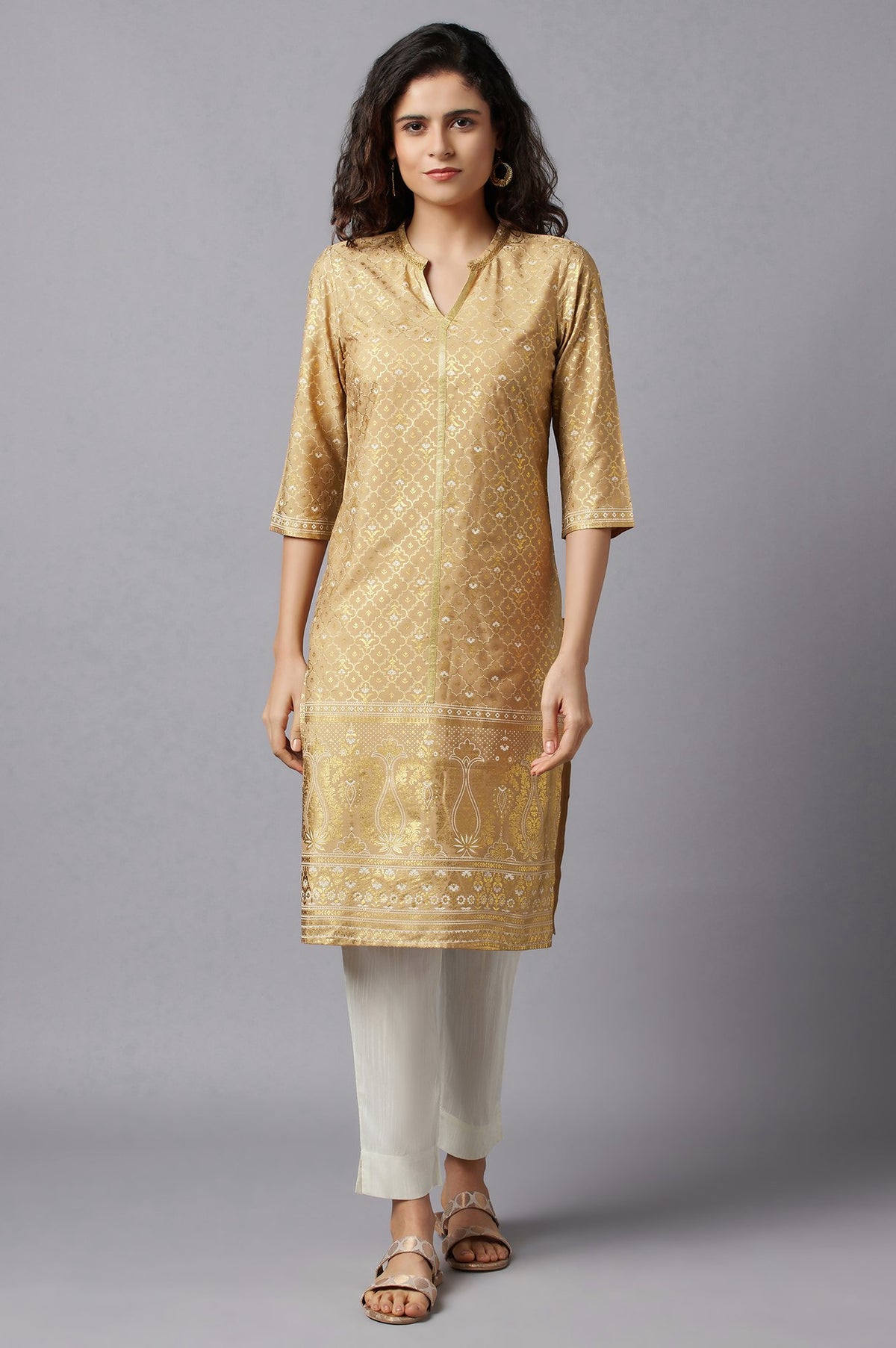 Gold Floral Printed kurta - XS