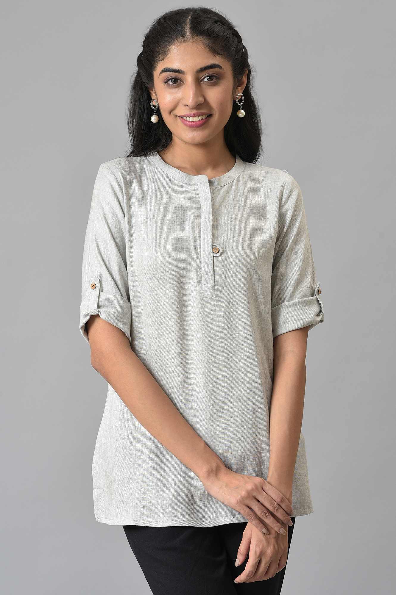 Grey Yarn Dyed Solid Short kurta