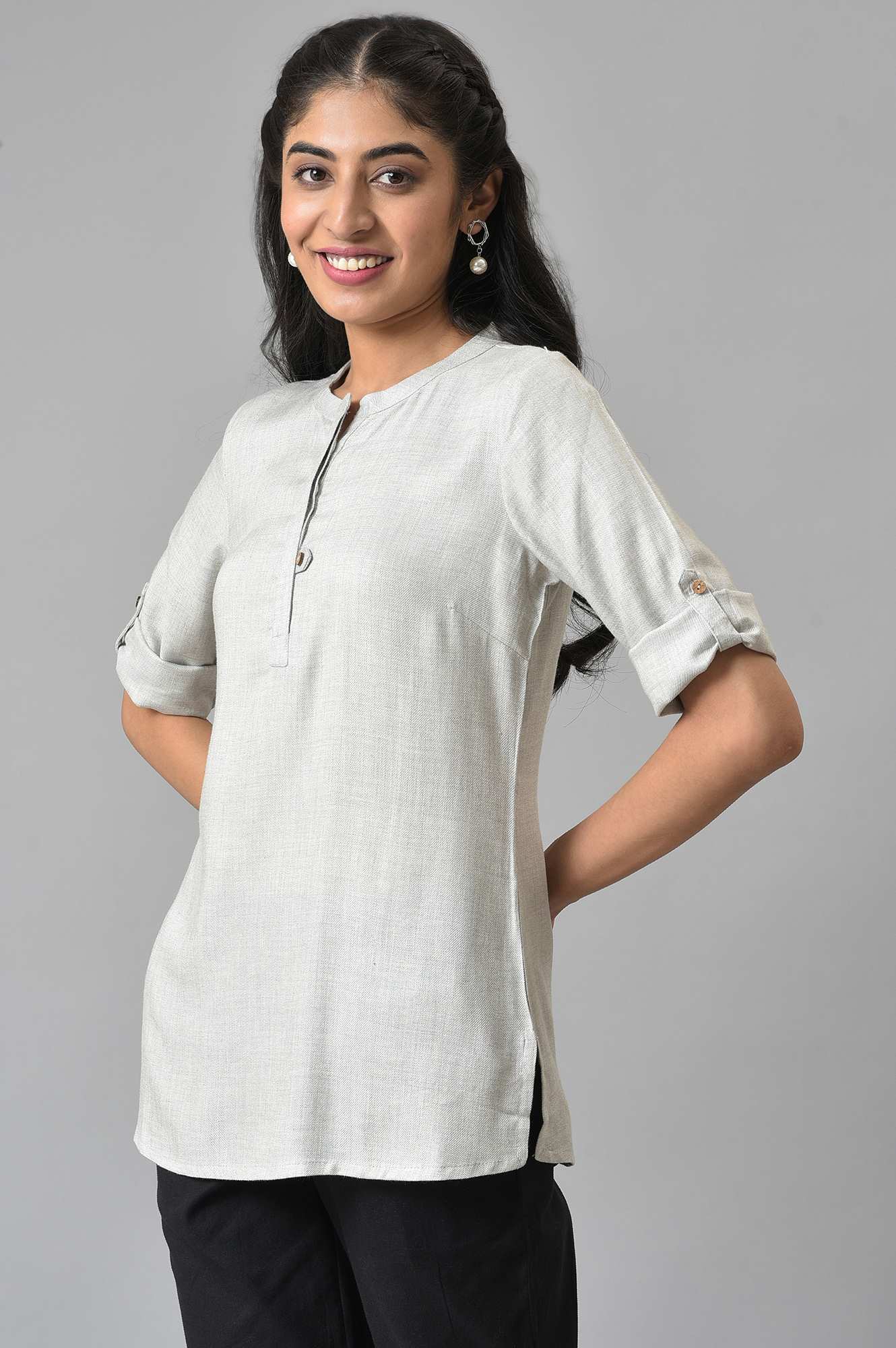 Grey Yarn Dyed Solid Short kurta