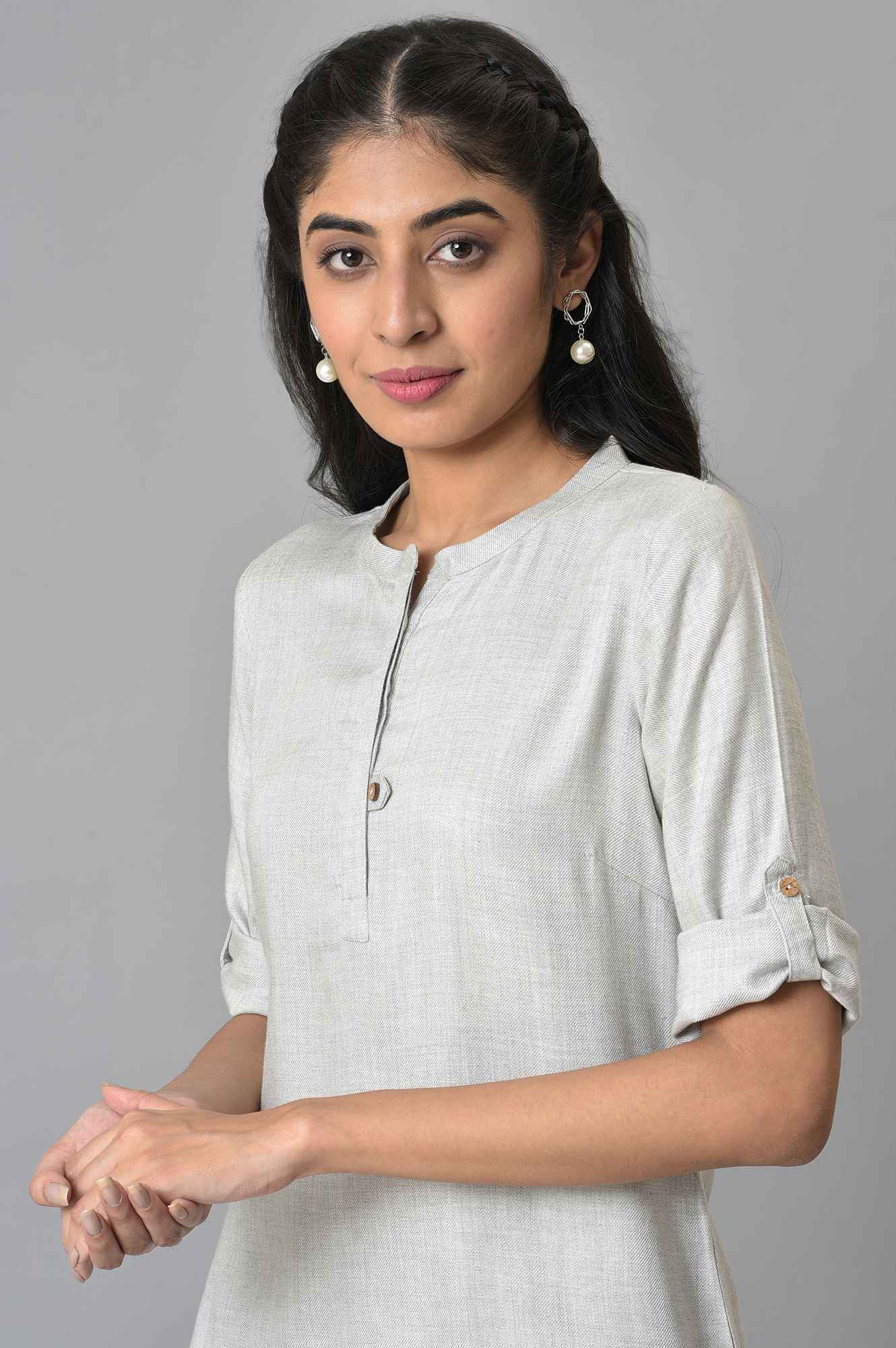 Grey Yarn Dyed Solid Short kurta