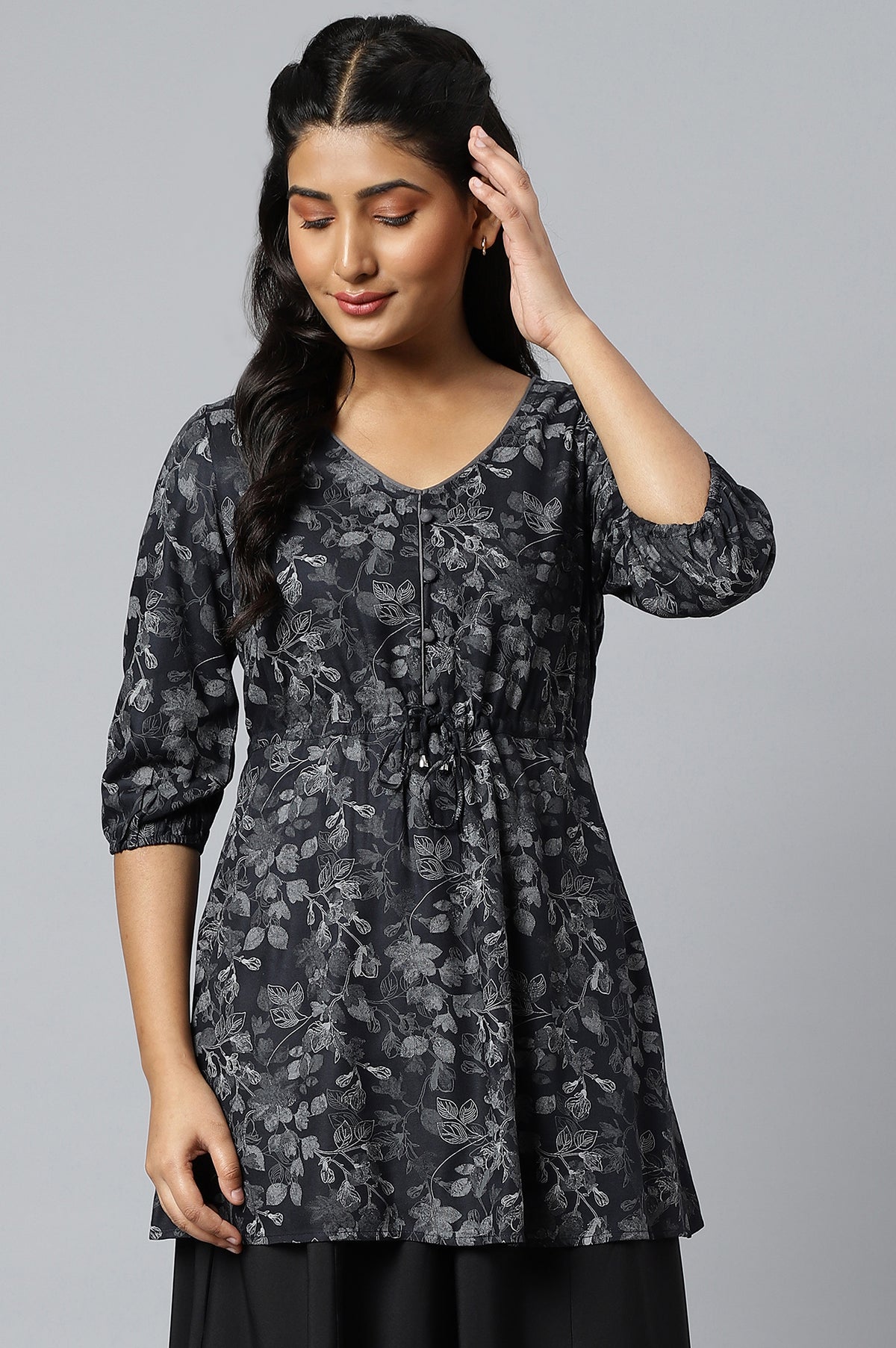 Grey Floral Printed A-line kurta - XS