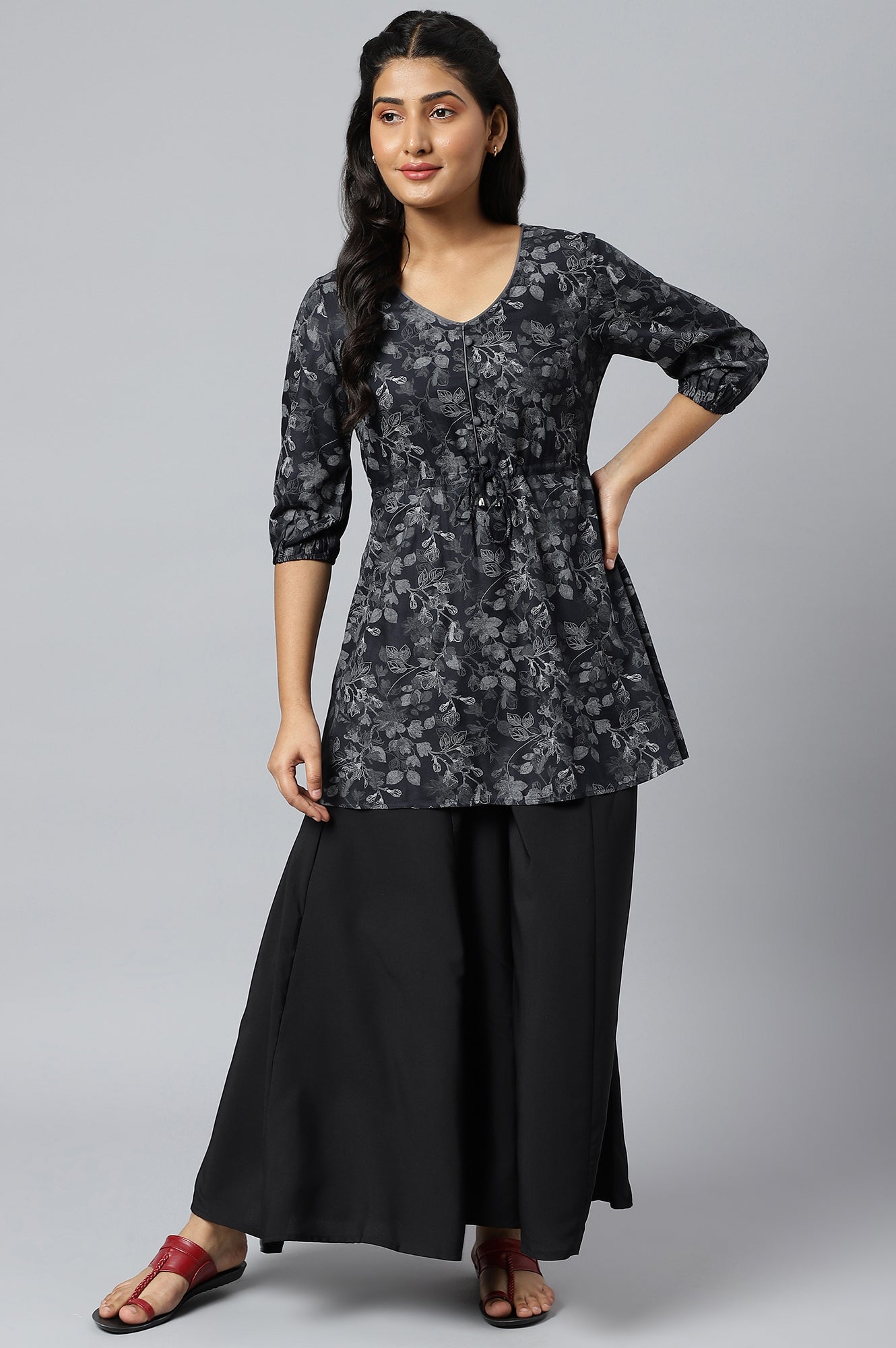 Grey Floral Printed A-line kurta