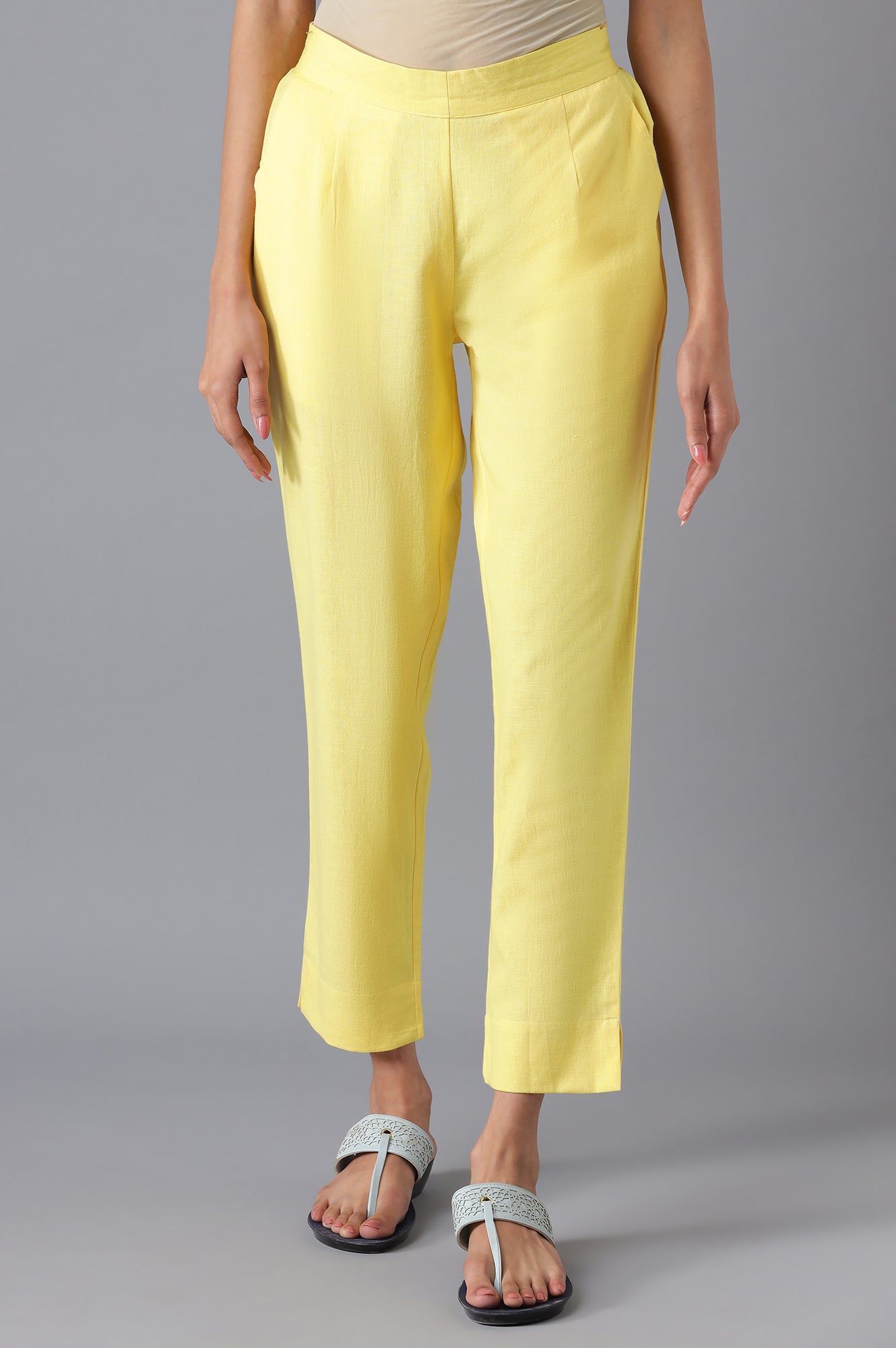 Yellow Cotton Solid Trousers