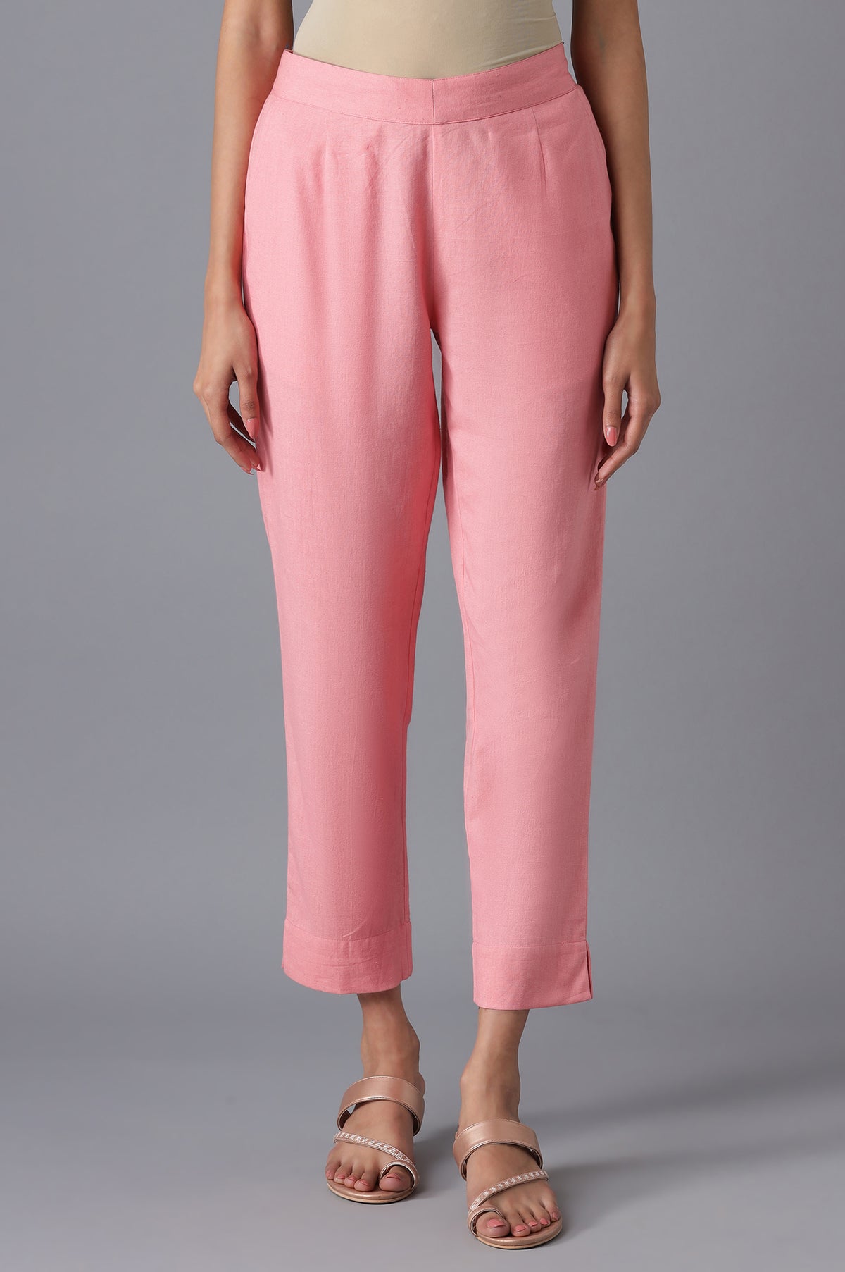 Pink Cotton Solid Trousers - S