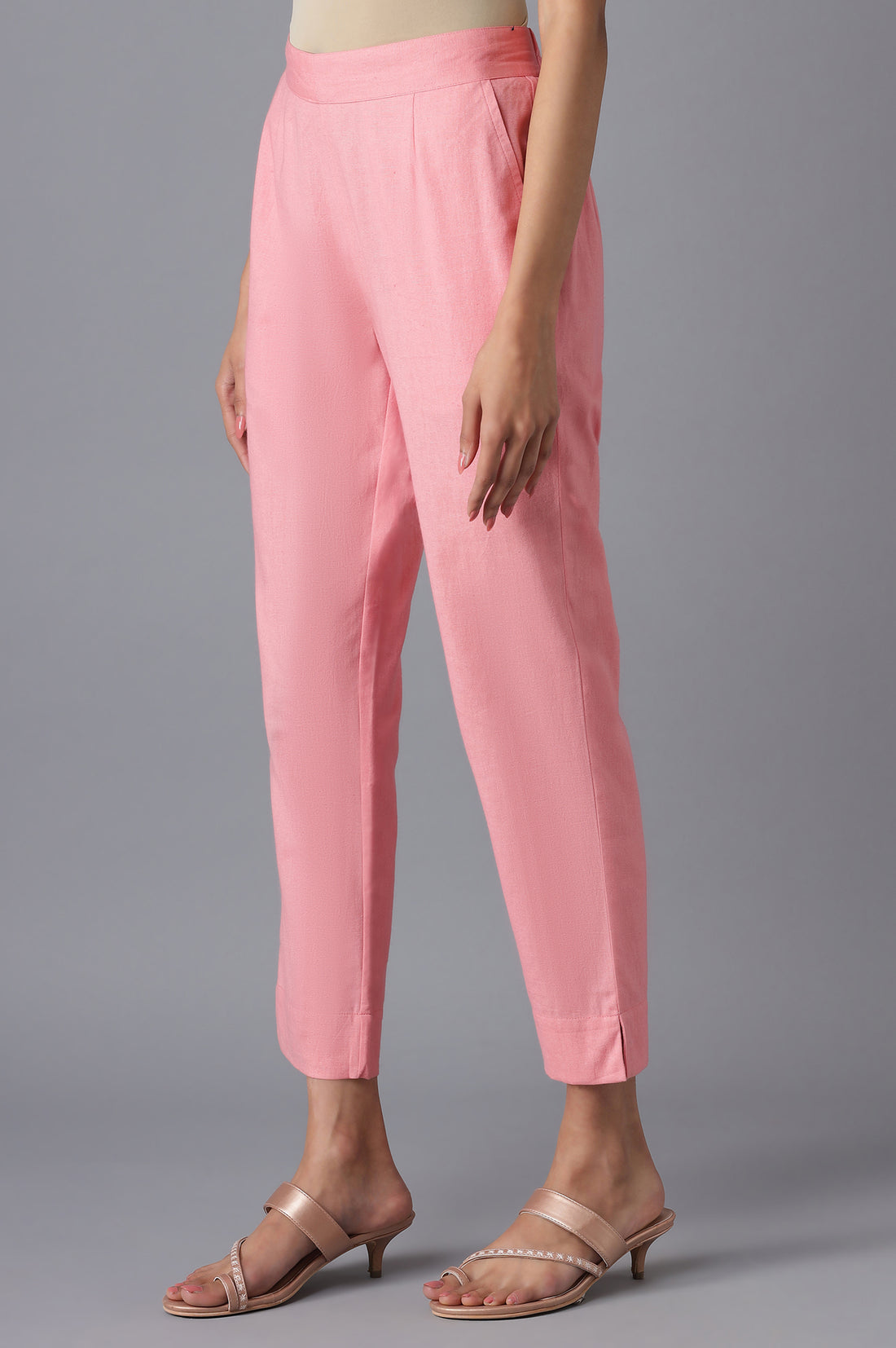 Pink Cotton Solid Trousers