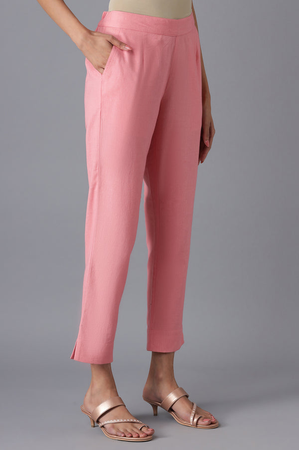Pink Cotton Solid Trousers