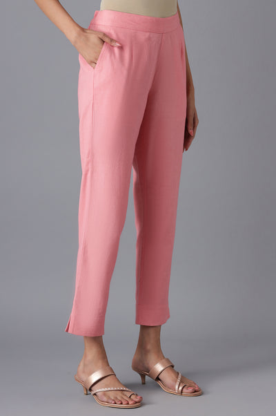 Pink Cotton Solid Trousers
