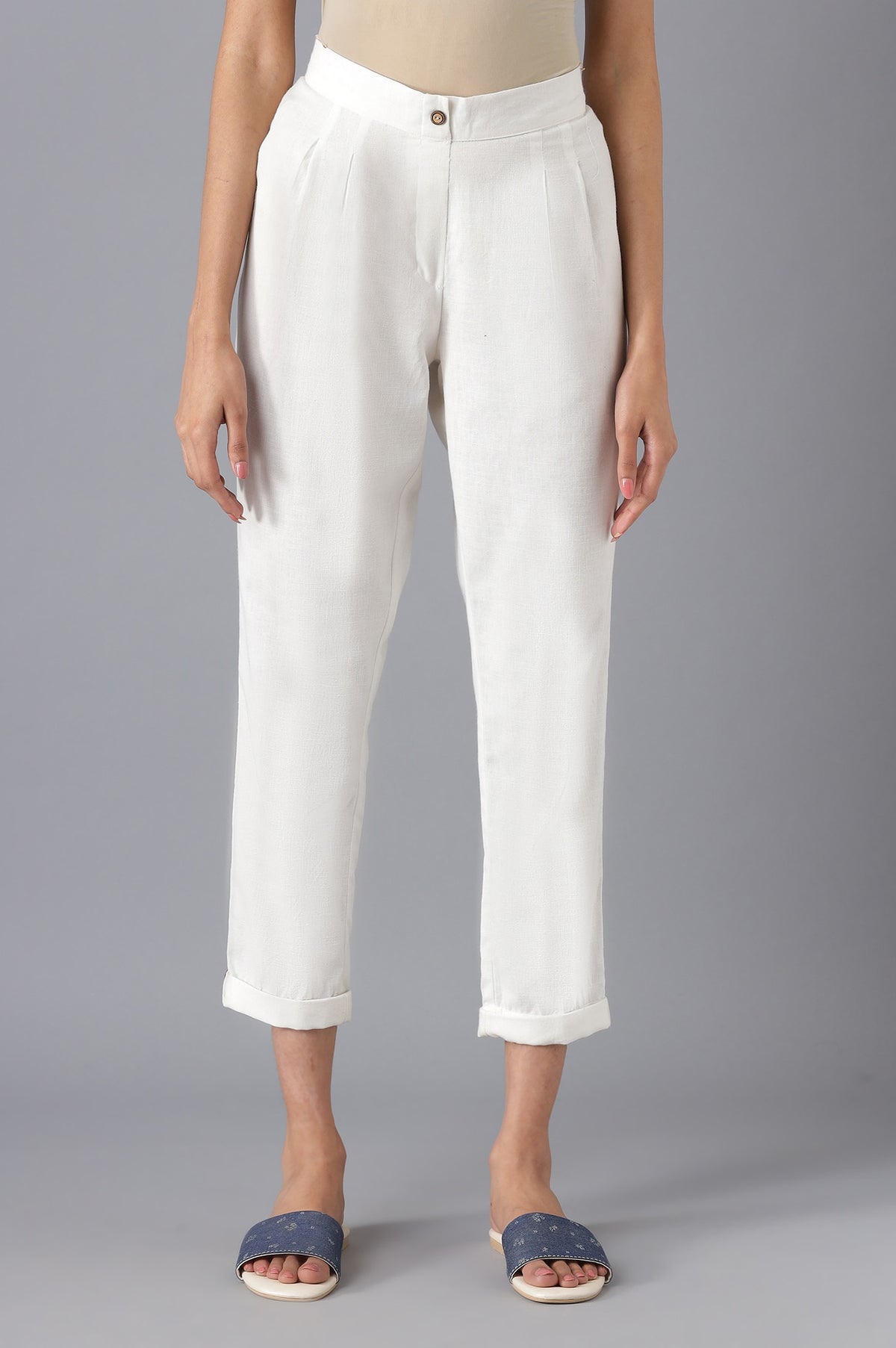 White Cotton Solid Trousers - S