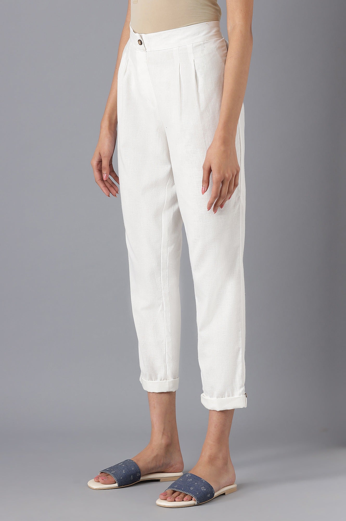 White Cotton Solid Trousers