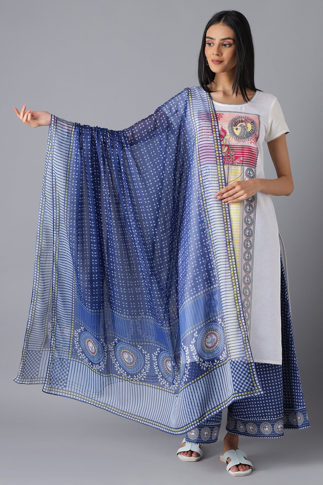 Navy Printed Chiffon Dupatta