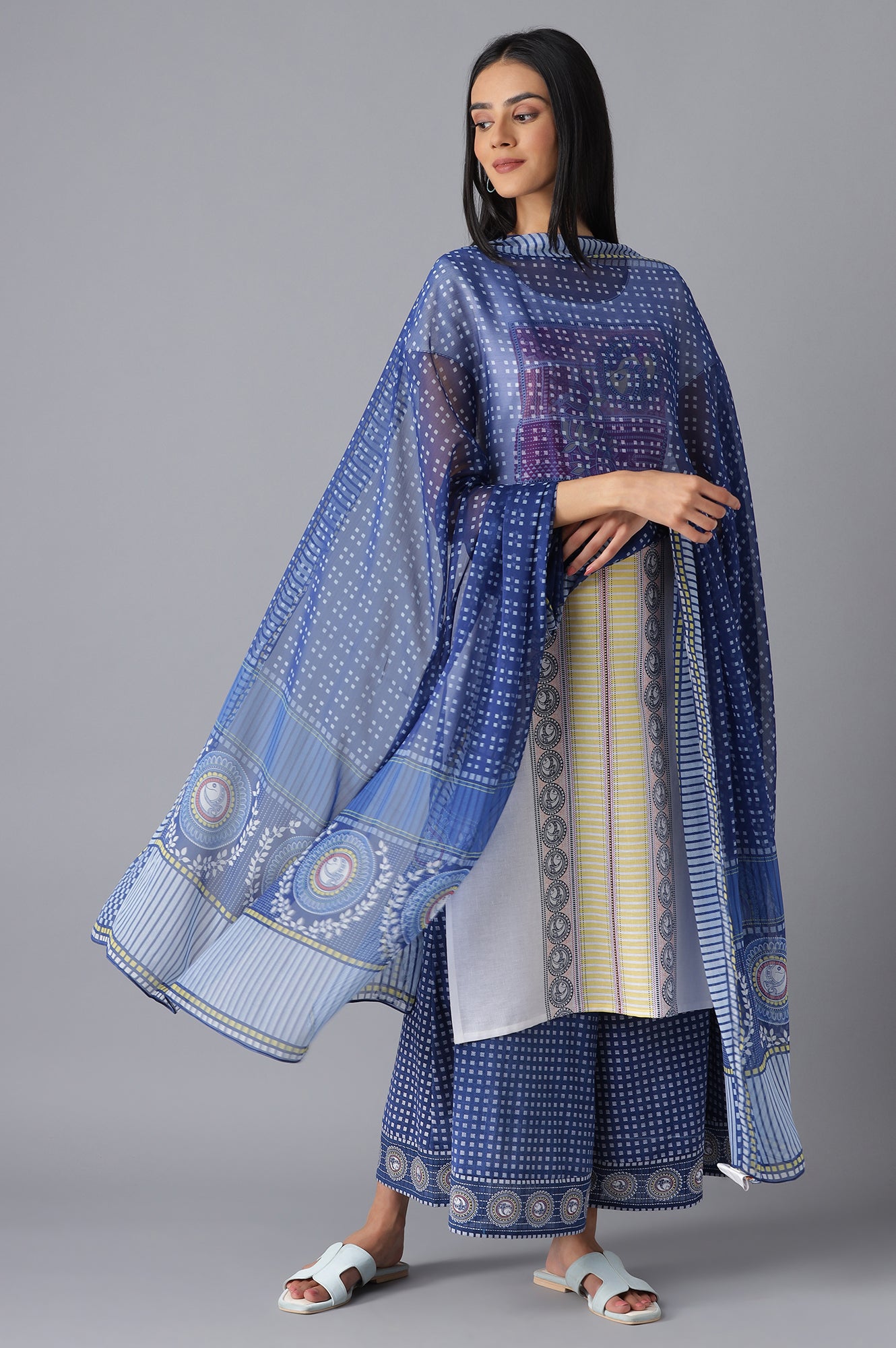 Navy Printed Chiffon Dupatta