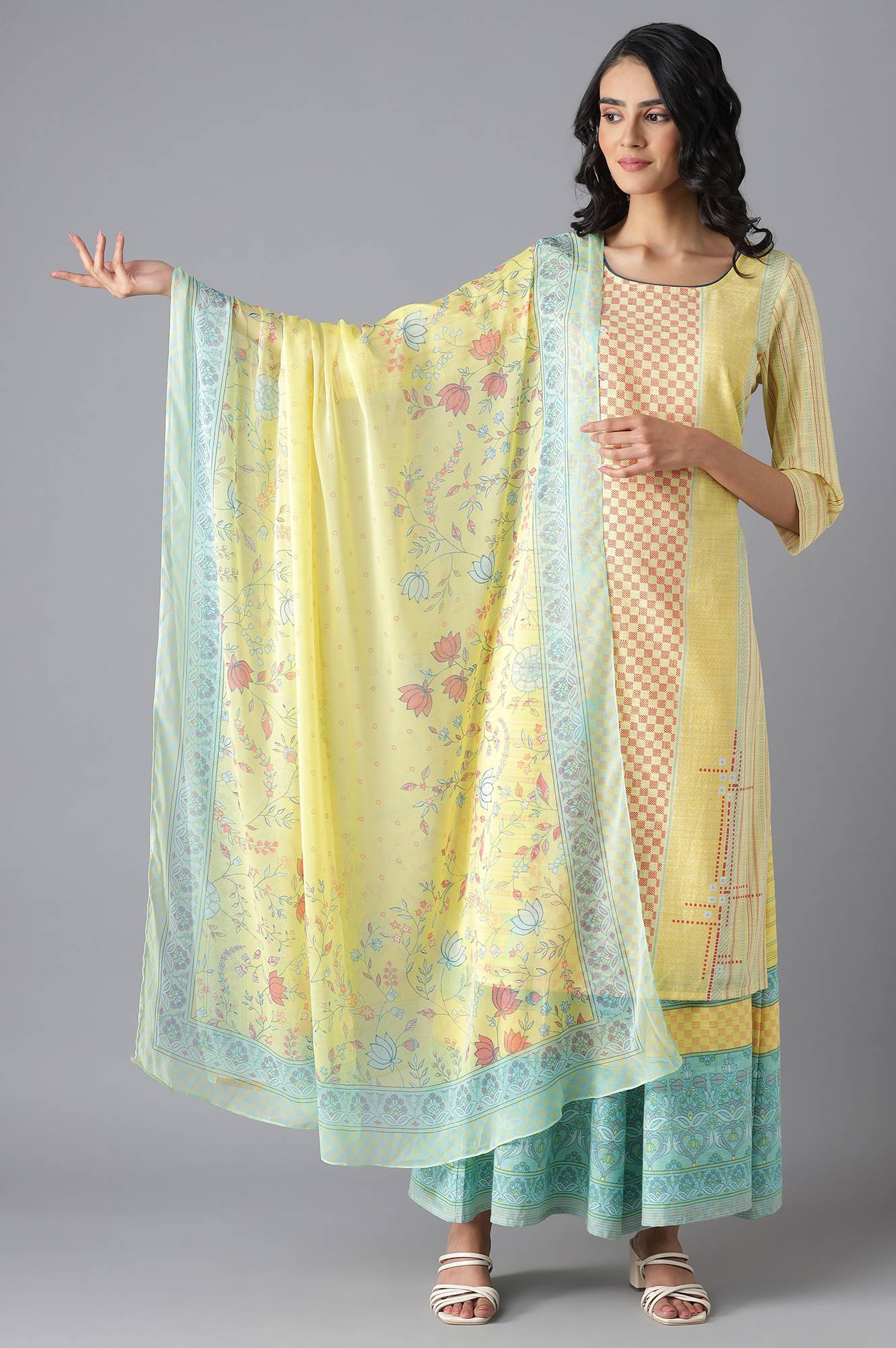 Yellow Printed Chiffon kurta