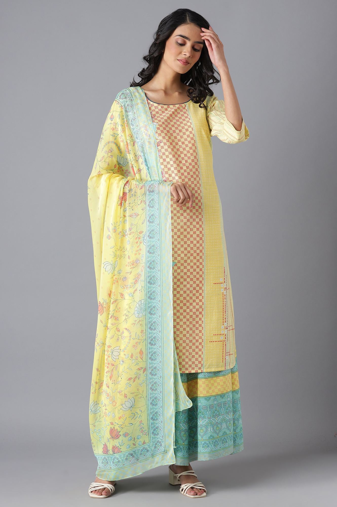 Yellow Printed Chiffon kurta