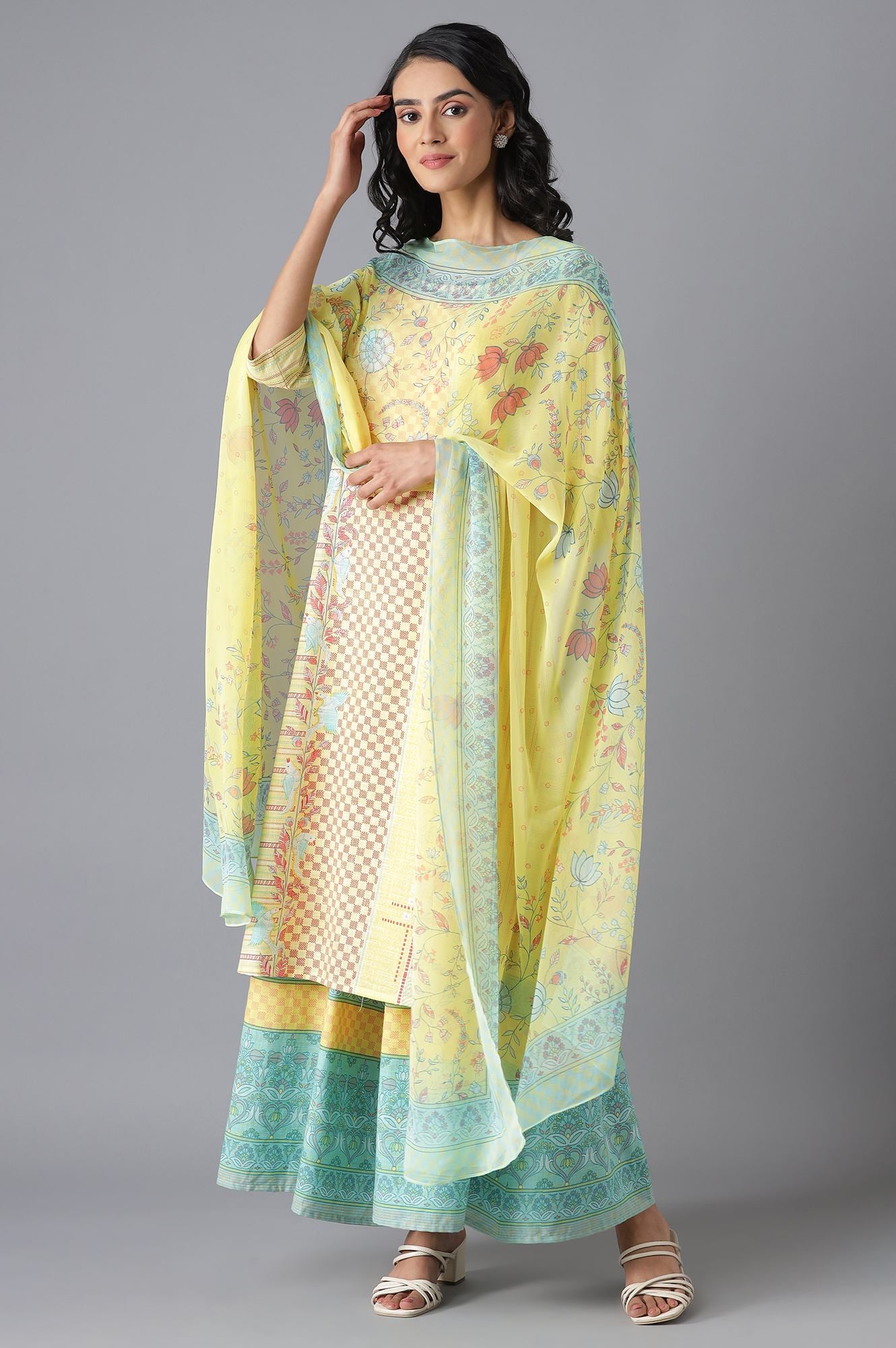 Yellow Printed Chiffon kurta