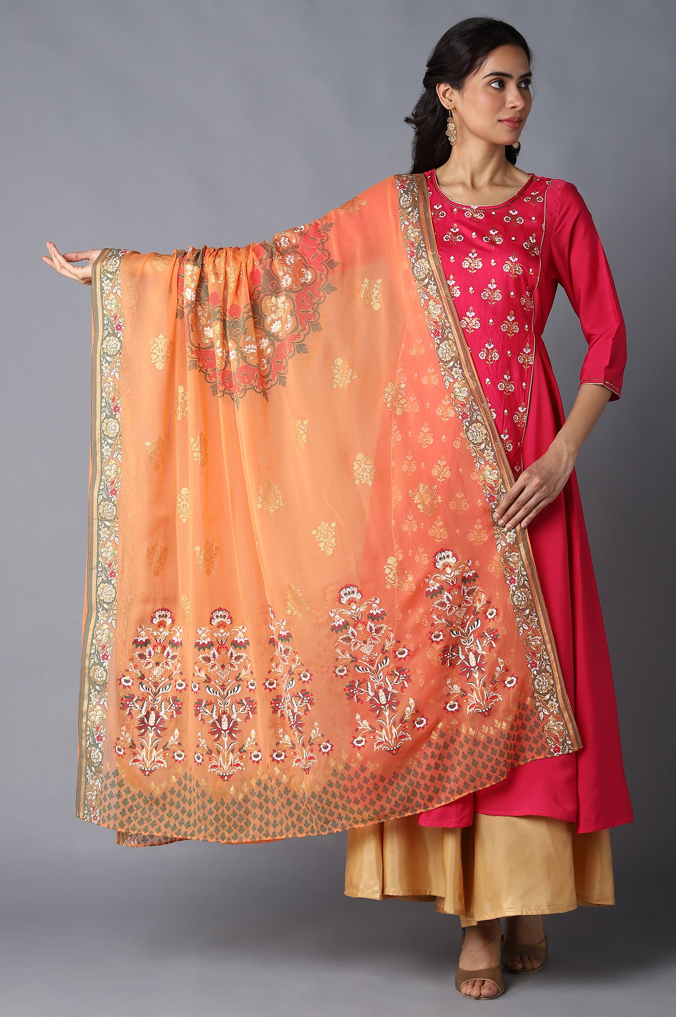 Orange Printed Chiffon Dupatta