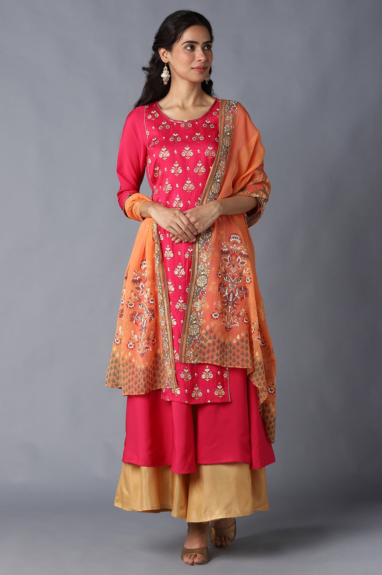 Orange Printed Chiffon Dupatta