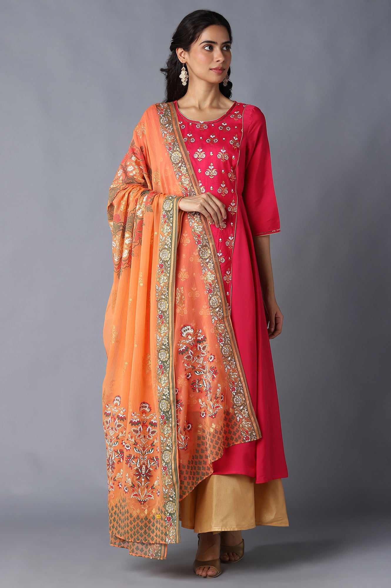 Orange Printed Chiffon Dupatta