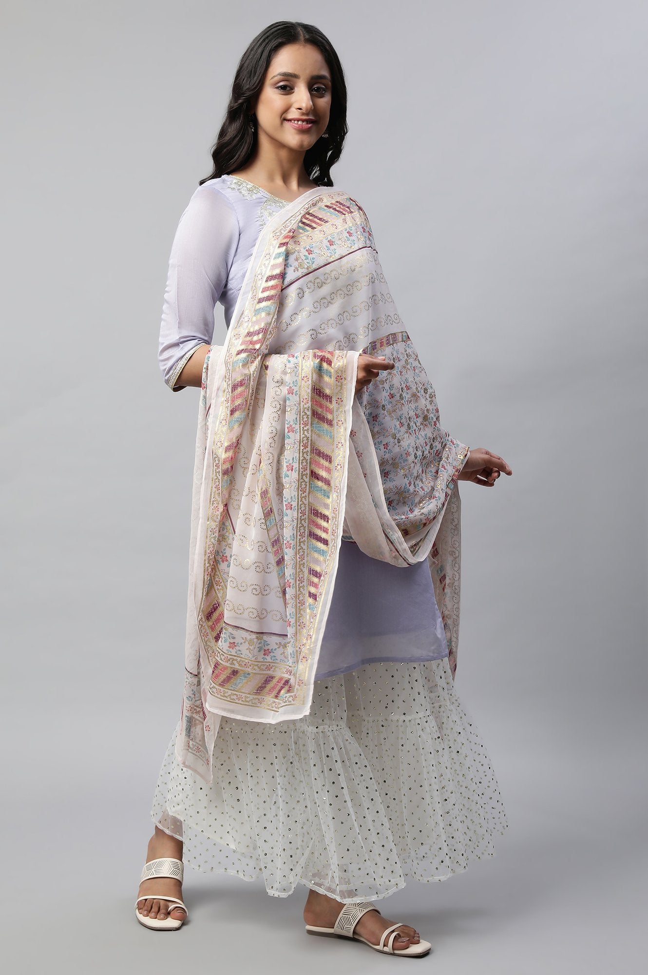 White Printed Chiffon kurta