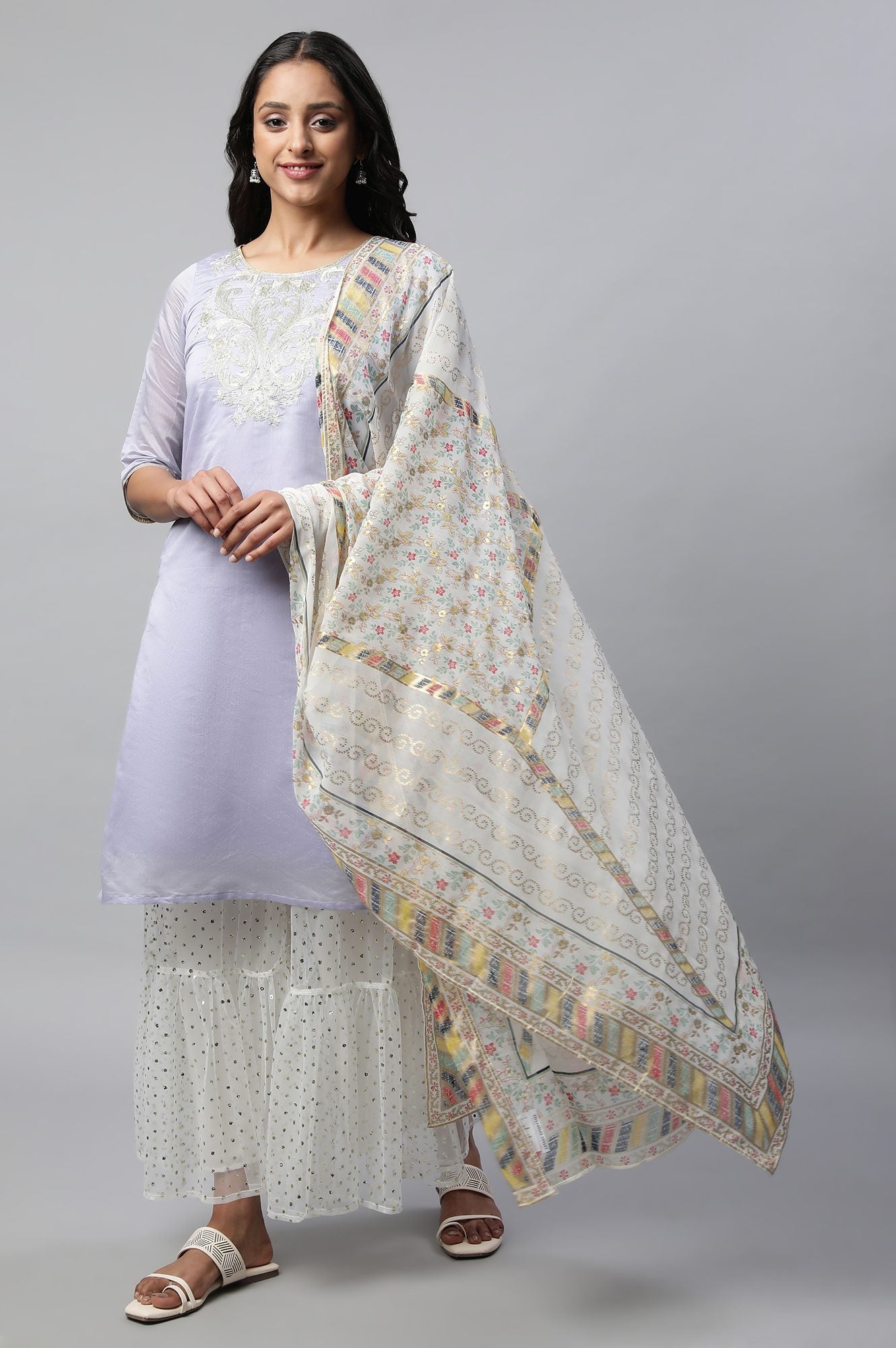 White Printed Chiffon kurta