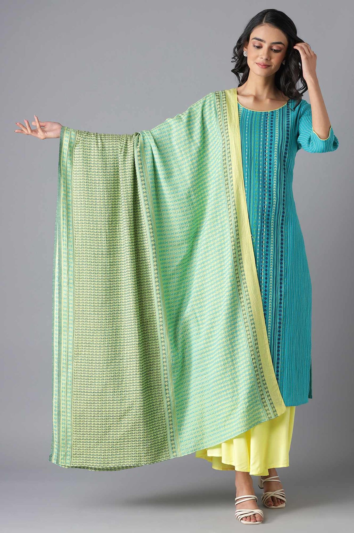 Lime Yellow Cotton Printed Dupatta - FS