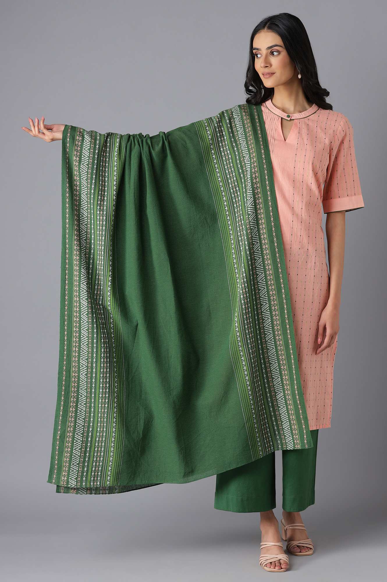 Green Cotton Printed Dupatta