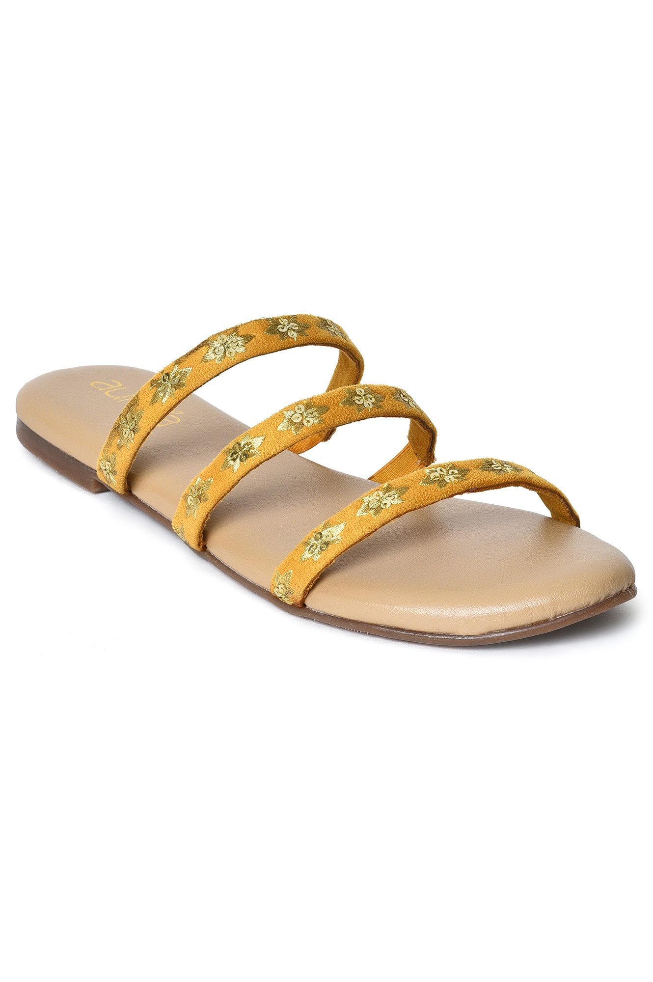 Aurelia Embroidered Mustard Almond Toe Flat