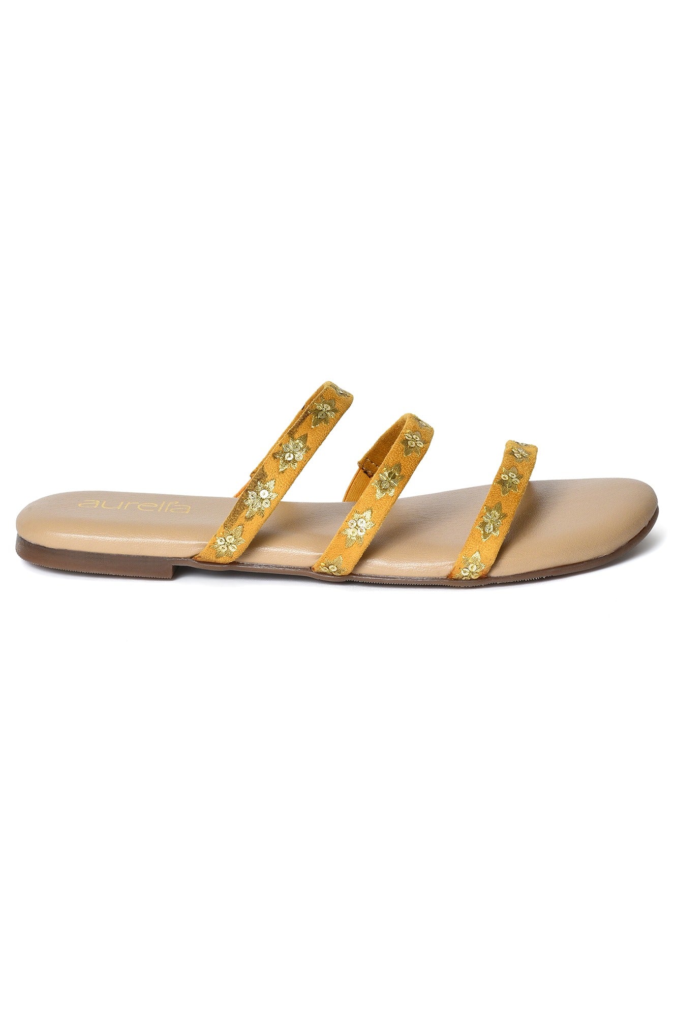 Aurelia Embroidered Mustard Almond Toe Flat