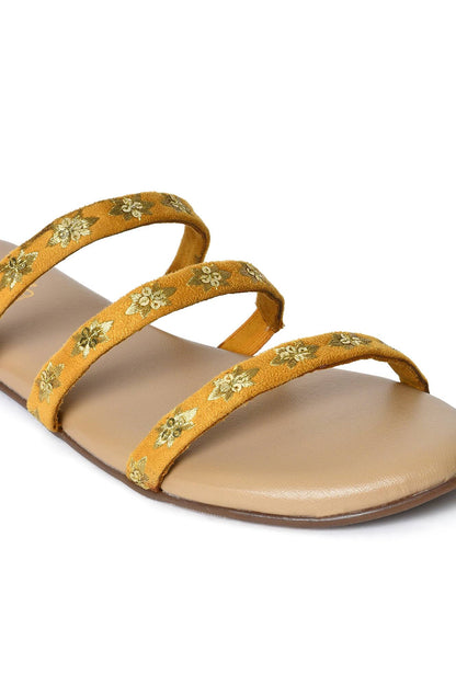 Aurelia Embroidered Mustard Almond Toe Flat