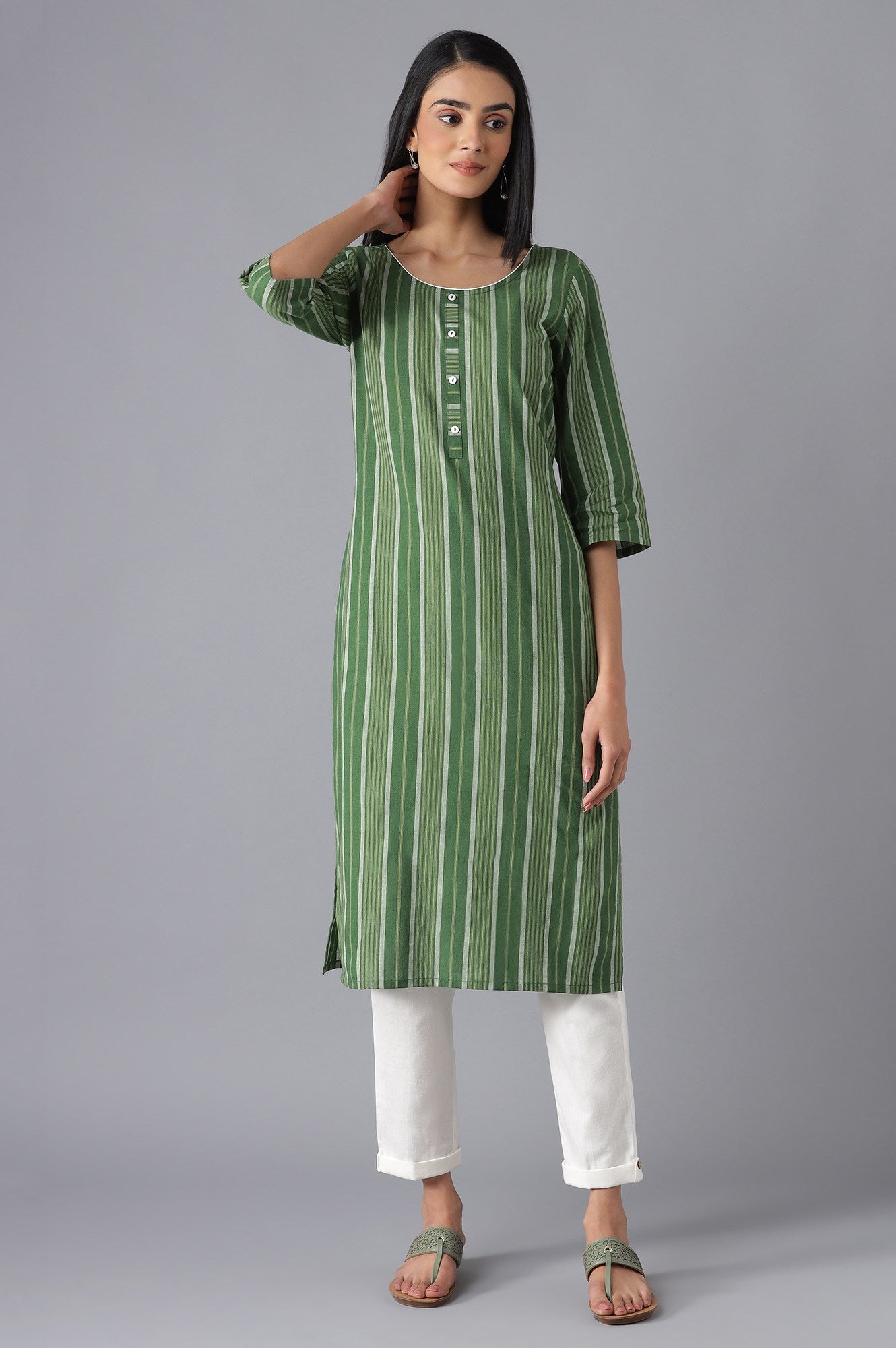 Green Yarn-Dyed kurta with Trousers