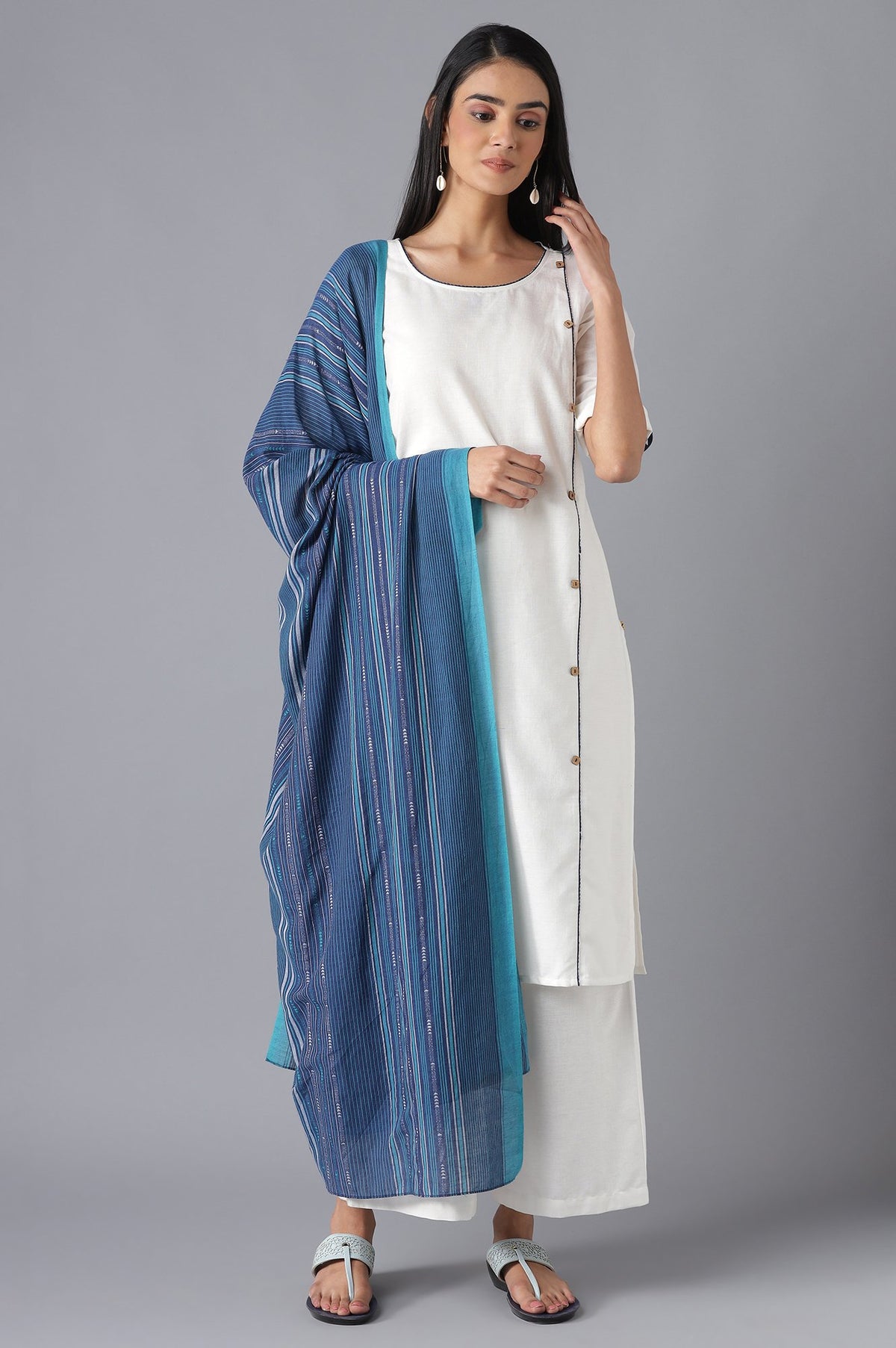 White Yarn-Dyed kurta Straight Palazzo and Dupatta Set - XS