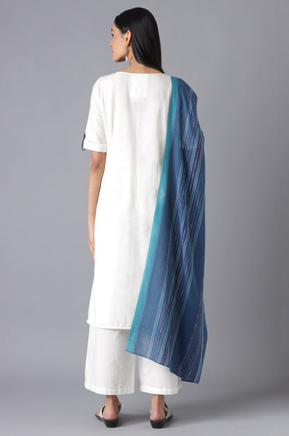 White Yarn-Dyed kurta Straight Palazzo and Dupatta Set