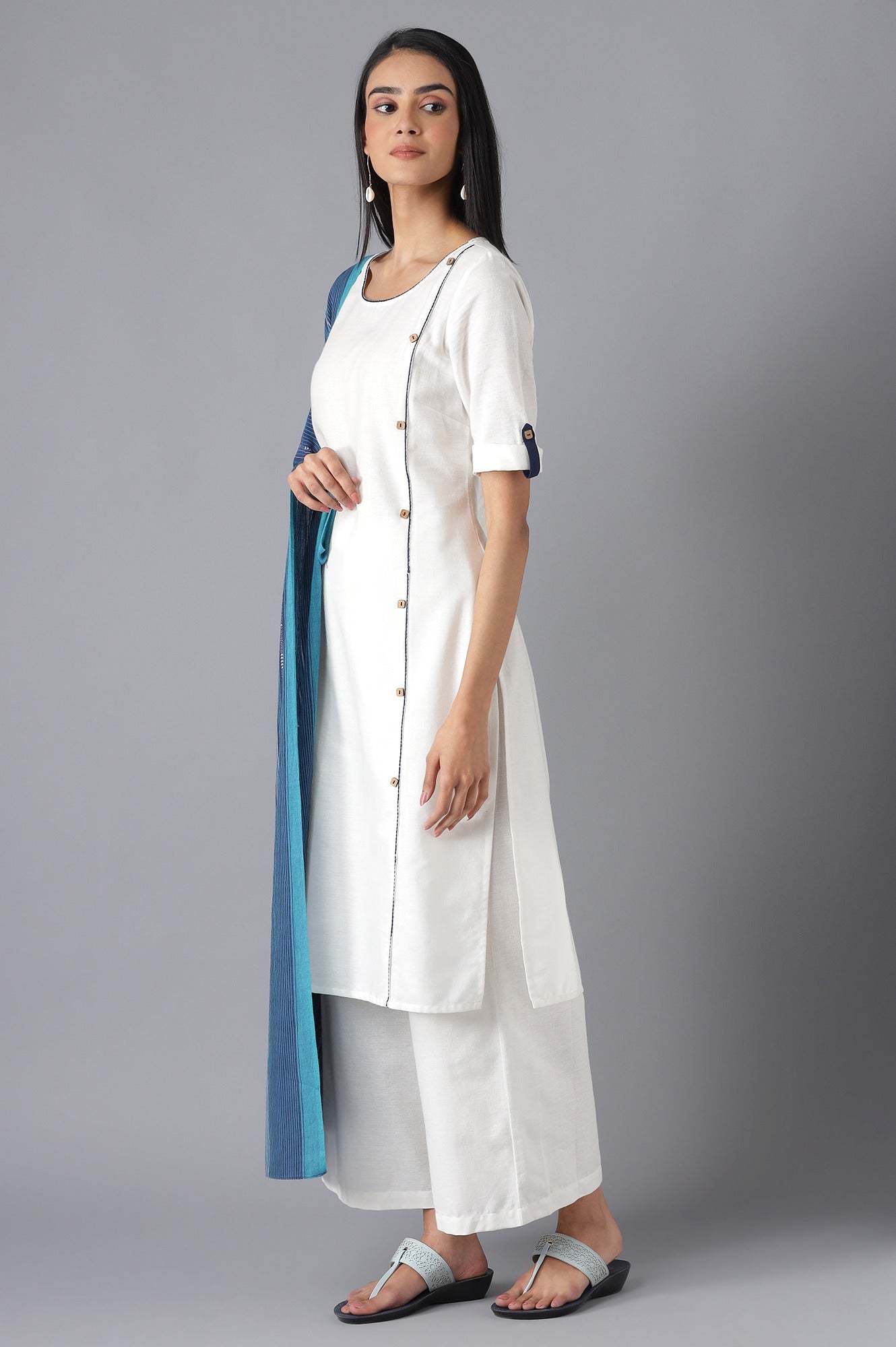 White Yarn-Dyed kurta Straight Palazzo and Dupatta Set