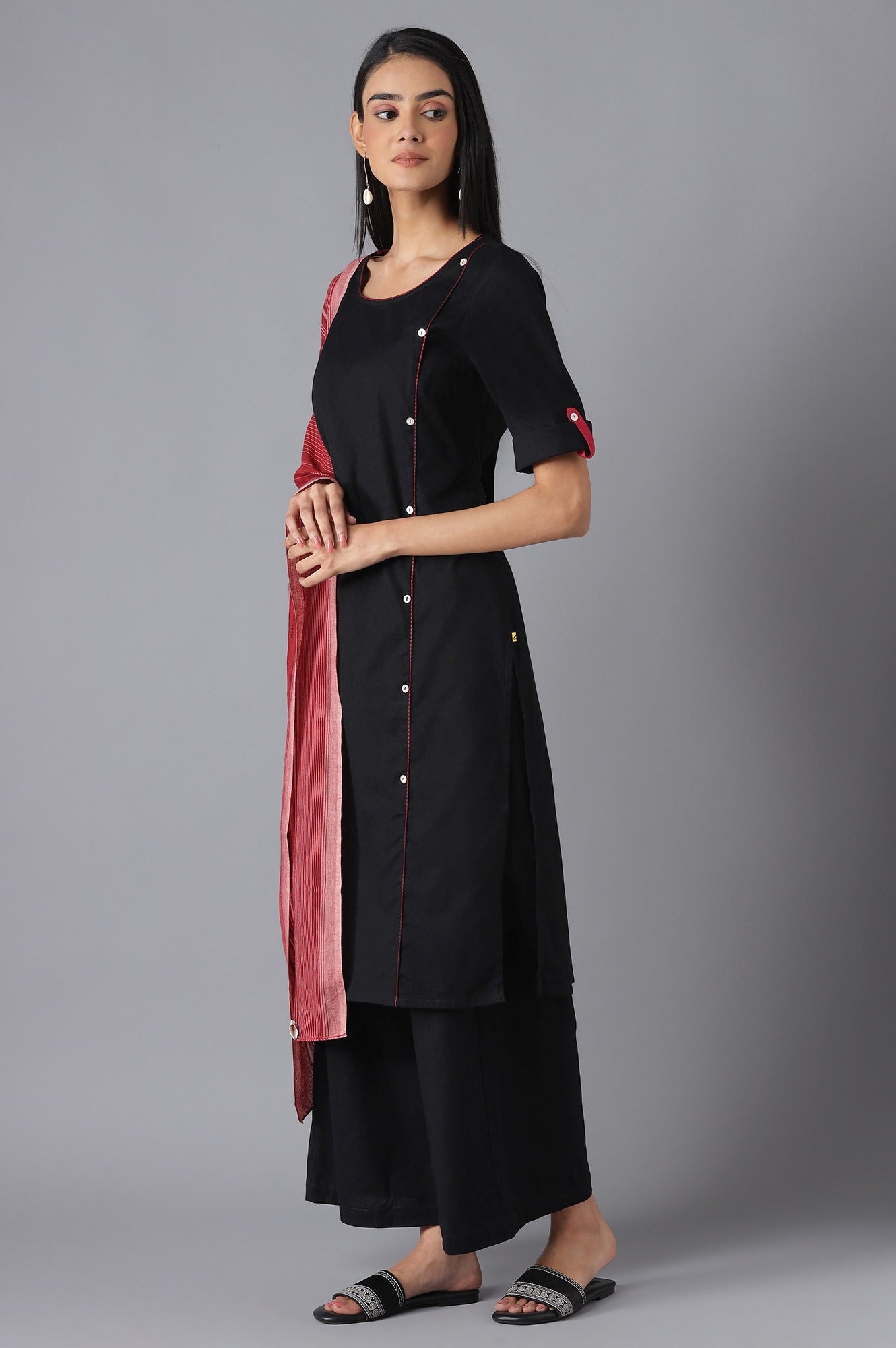 Black Yarn-Dyed kurta, Straight Palazzo and Dupatta Set