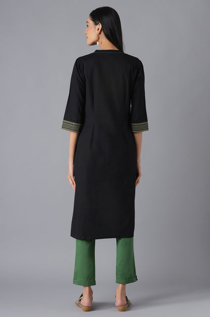 Black Cotton kurta and Green Trousers Set