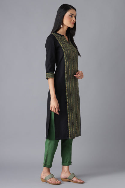 Black Cotton kurta and Green Trousers Set