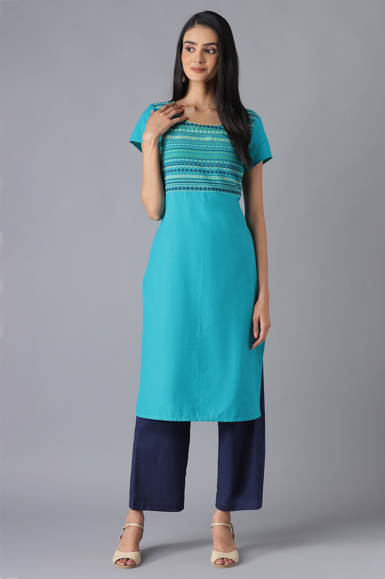 Green Cotton kurta and Navy Trousers Set