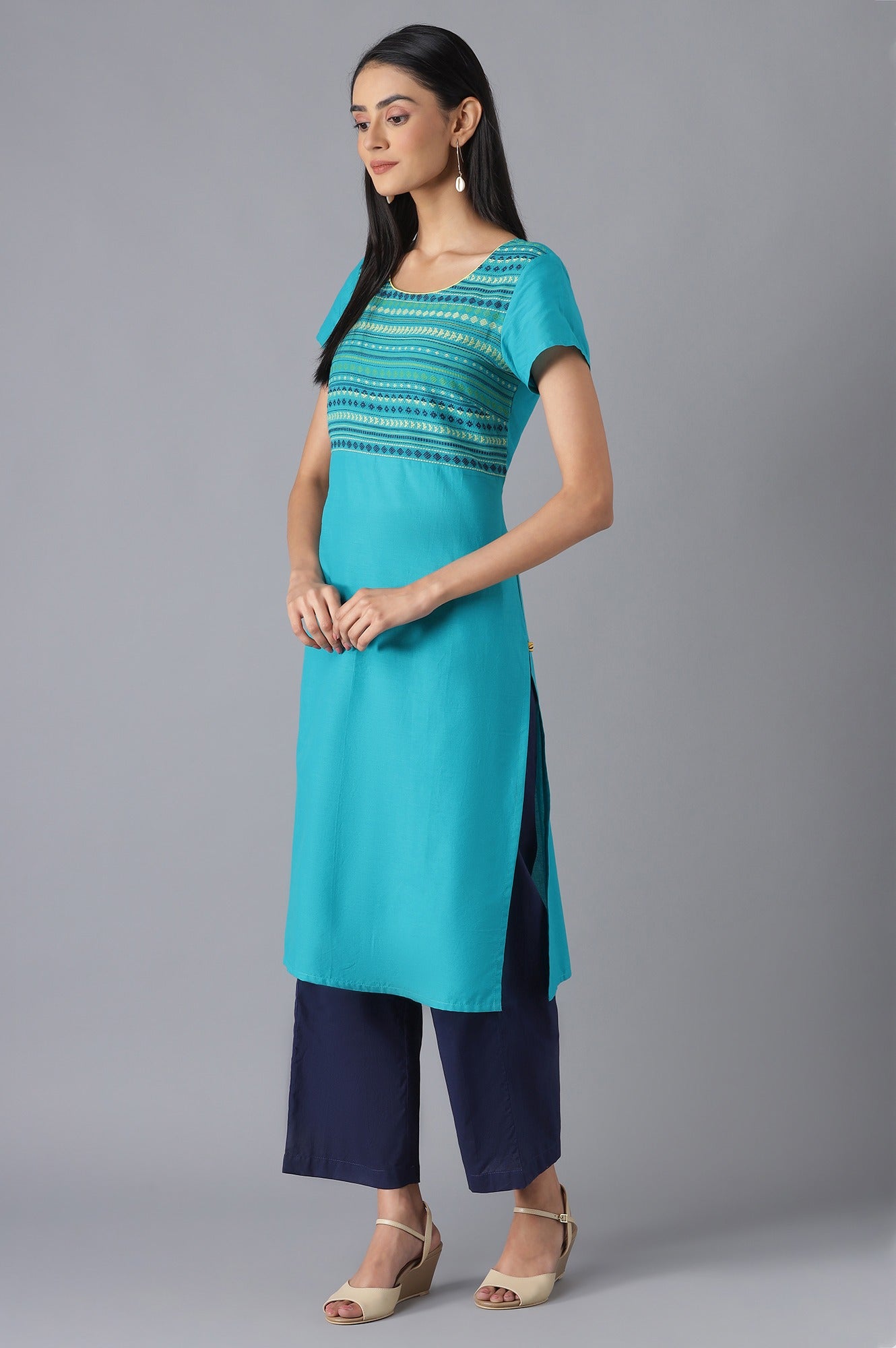 Green Cotton kurta and Navy Trousers Set